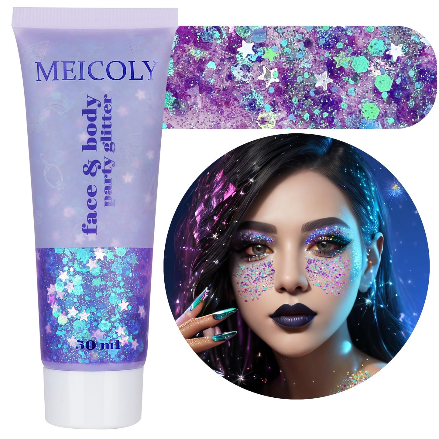 MEICOLY Lavender Light Purple Body Glitter,Chameleon Purple Mermaid Face Glitter,Festival Rave Glitter Makeup,Sequins Glitter Face Paint,Hair Chunky Glitter,Sparkling Glitter Gel for Women,50ml