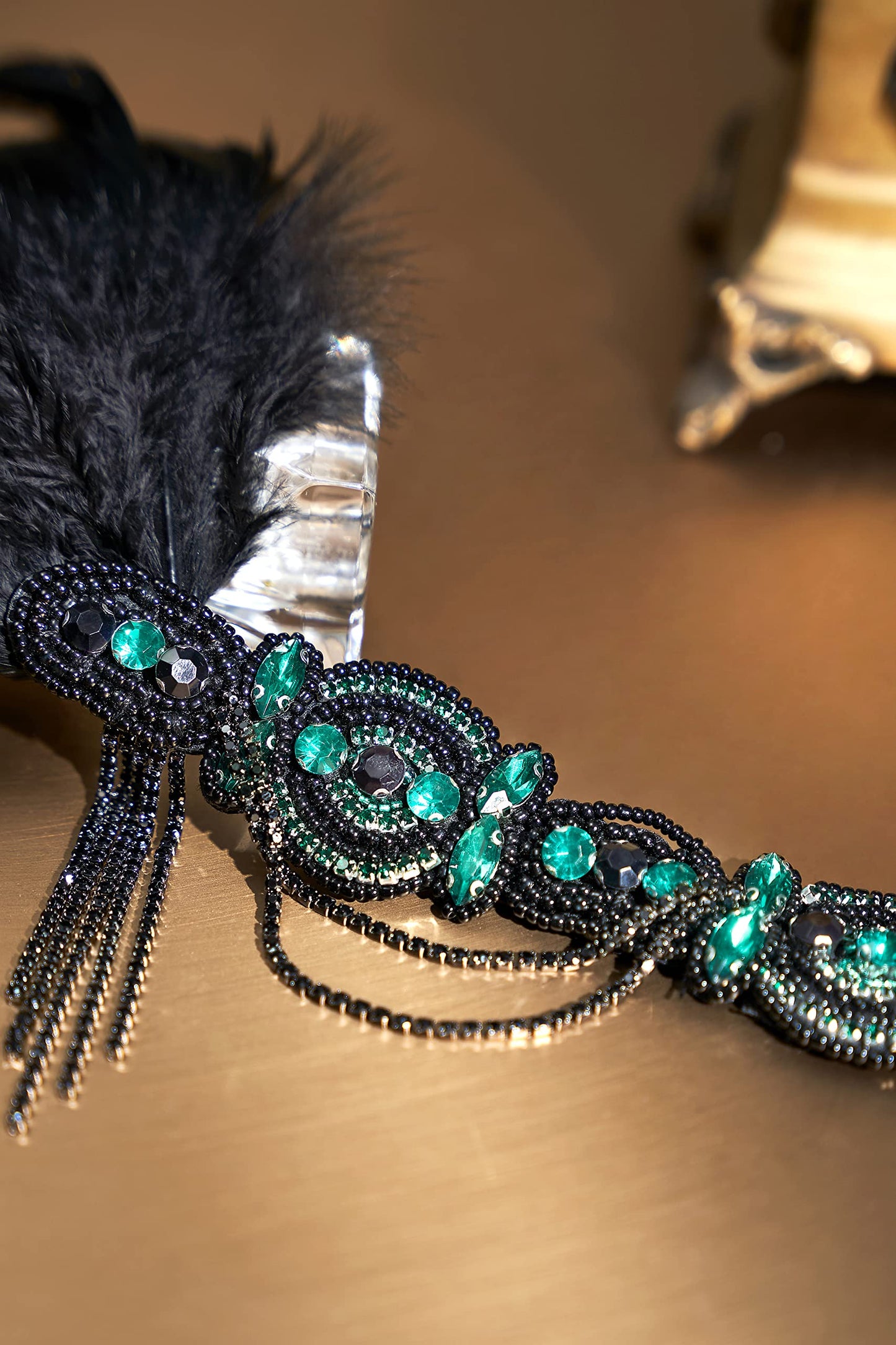 BABEYOND 1920s Flapper Headband Roaring 20s Gatsby Headpiece Black Feather Headband 1920s Flapper Hair Accessories (Dark Green)