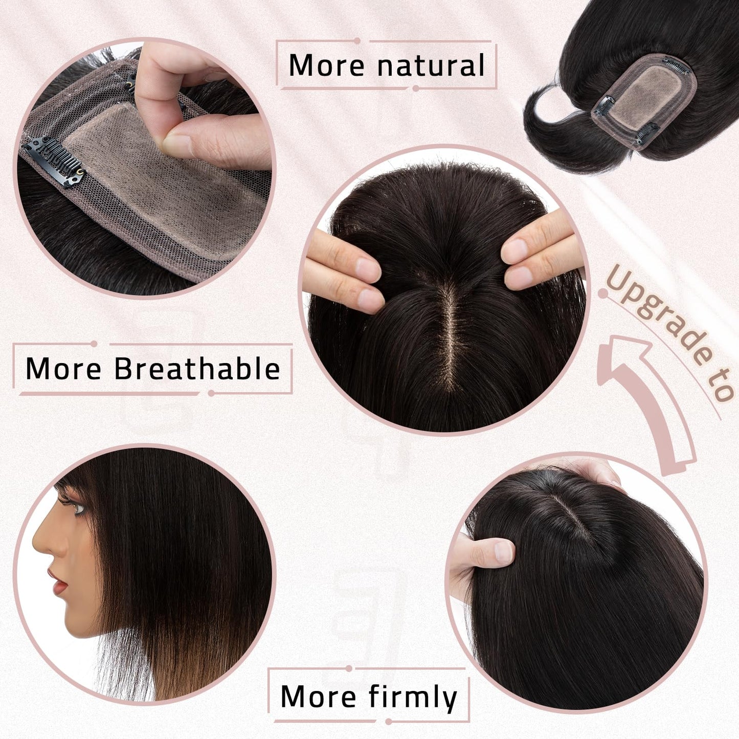 Fellissy Hair Toppers for Women Hair Toppers for Women Real Human Hair with Bangs Straight Hair Pieces for Women 6 Inch #1B Natural Black