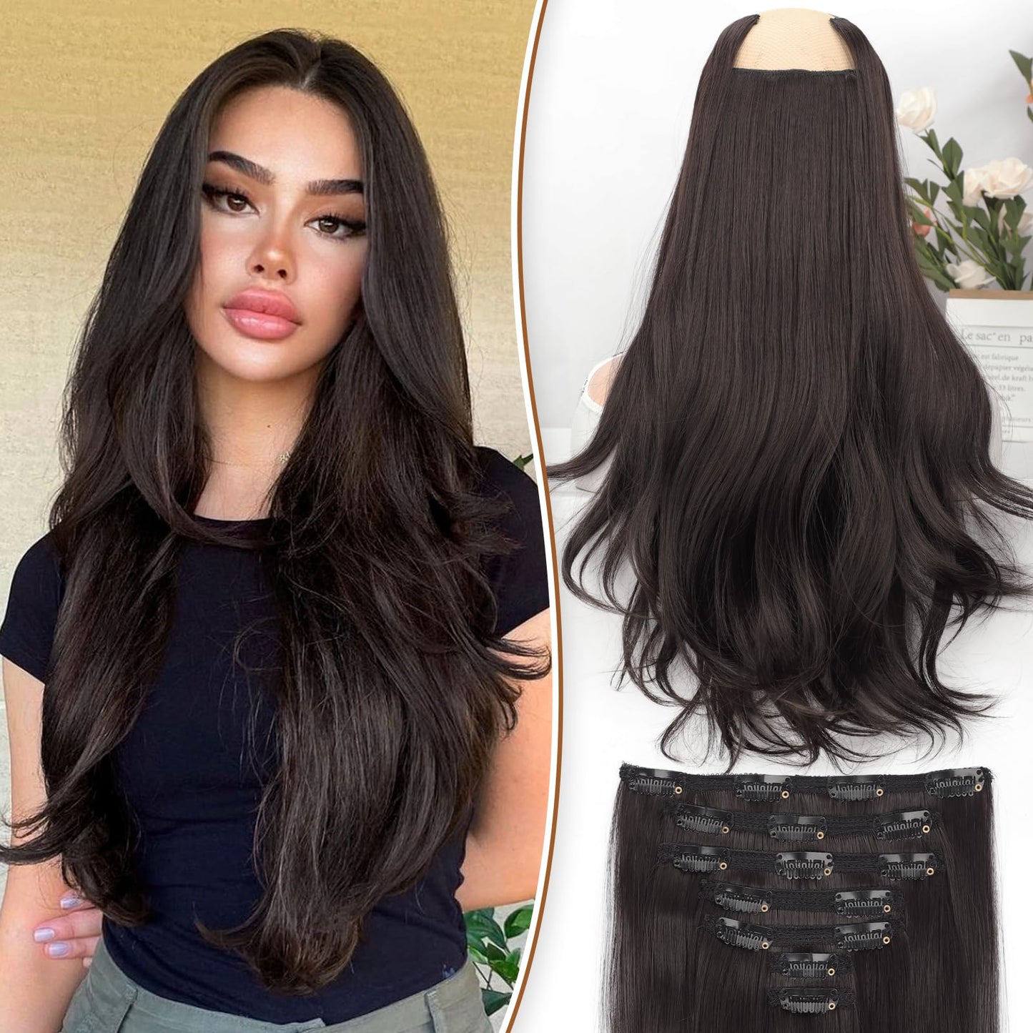 KooKaStyle Clip in Hair Extensions Long Straight Hair Extensions Upgrade Soft Lace Weft Lightweight 7PCS Layered Hair Extensions Dark Brown 20Inch for Women