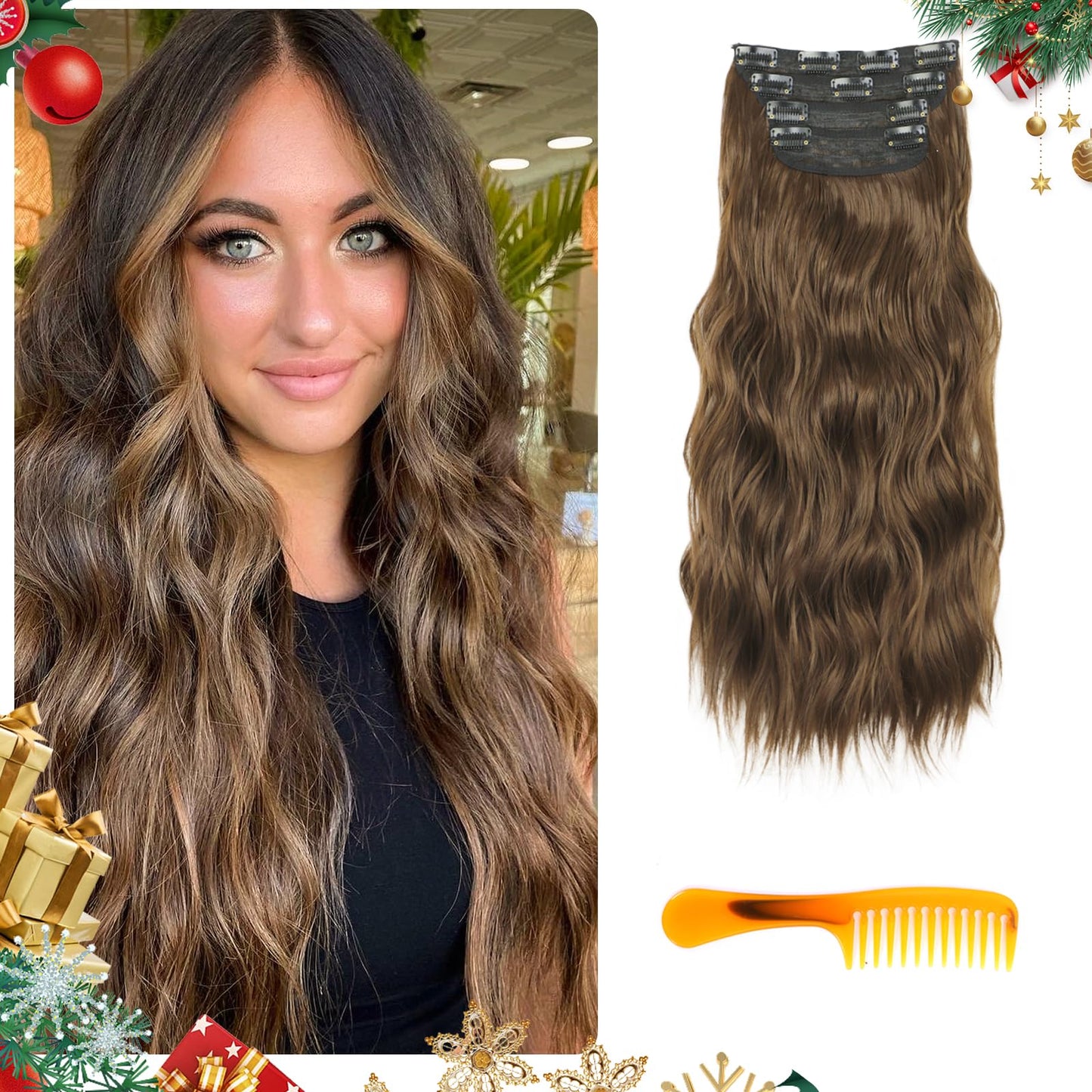 Balyeoseol Clip in Hair Extensions Brown 4Pcs 20Inch Synthetic Wire Hair Extensions Long Wavy Curly Fully Invisible Hairpieces Soft Graduation Gift for Pairing with Summer Dresses for Women 2024