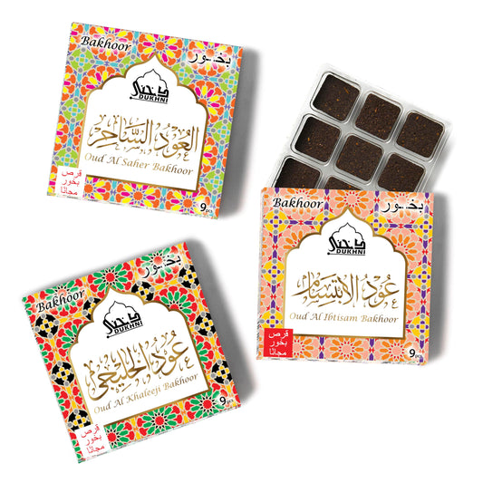 Oud Al Khaleeji, Oud Al Ibtisam, Oud Al Saher Bakhoor by Dukhni | 3 x 9 Piece Each | Assorted Arabic Bakhoor Incense | Perfect to Relax, Meditate & Pray | Rich, Luxurious, Long Lasting