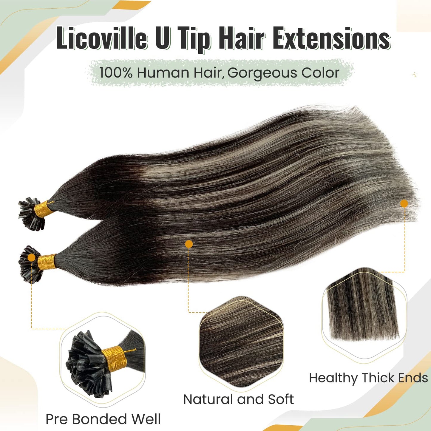 Balayage Utip Hair Extensions Human Hair, Black and Silver Utips Extensions Fusion Remy Human Hair, Natural Black to Silver Highlight Keratin Tip Extensions 50g 50s 20 Inch