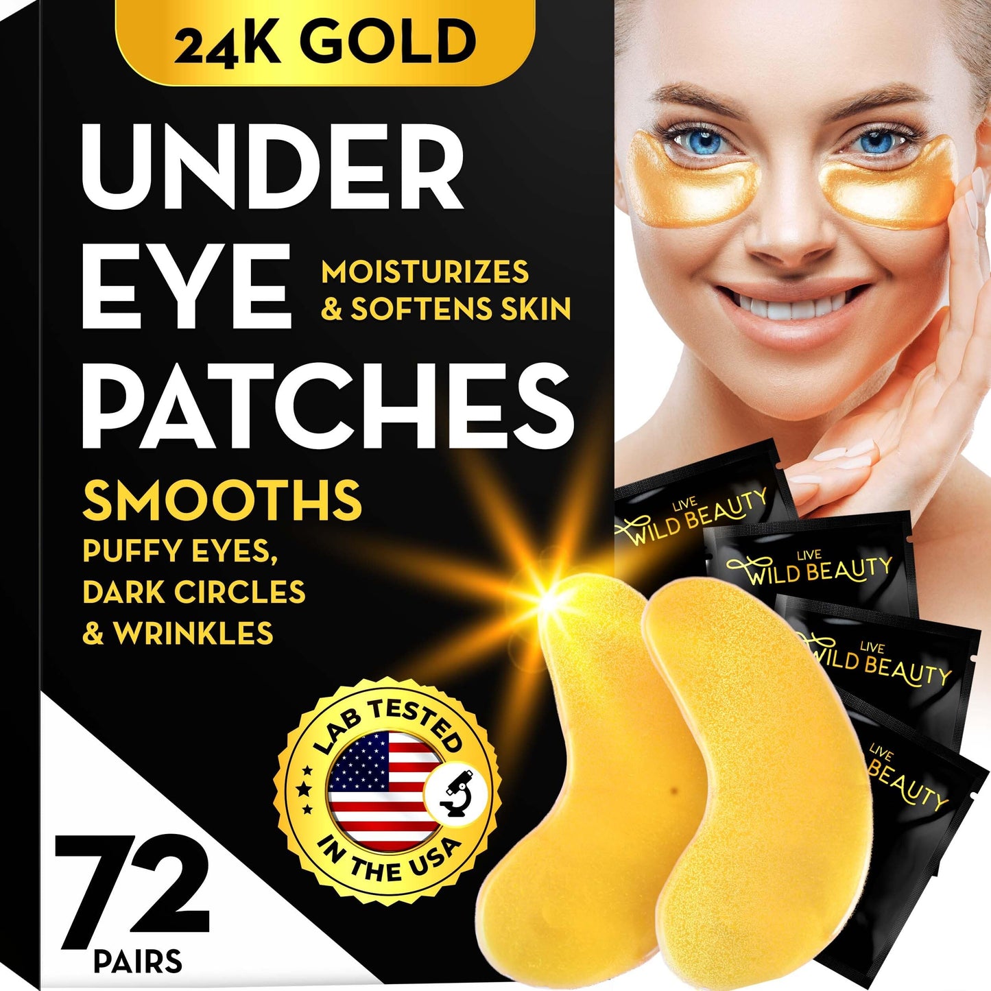 Live Wild Beauty PatchRx 24K Gold Under Eye Patches for Puffy Eyes and Dark Circles with Pure Collagen, Eye Gel Pad Masks for Reducing Eye Bags, Puffy Dark Circles, Wrinkles, and Fine Lines- 72 Pairs