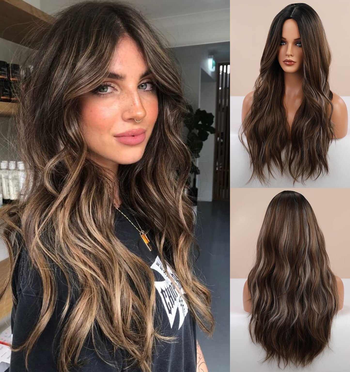 LANOVA Balayage Brown Wig with Blonde Highlights Loose Curly Dark Brown Rooted Wig for Woman Realistic Synthetic Wig 22 inch LANOVA-215