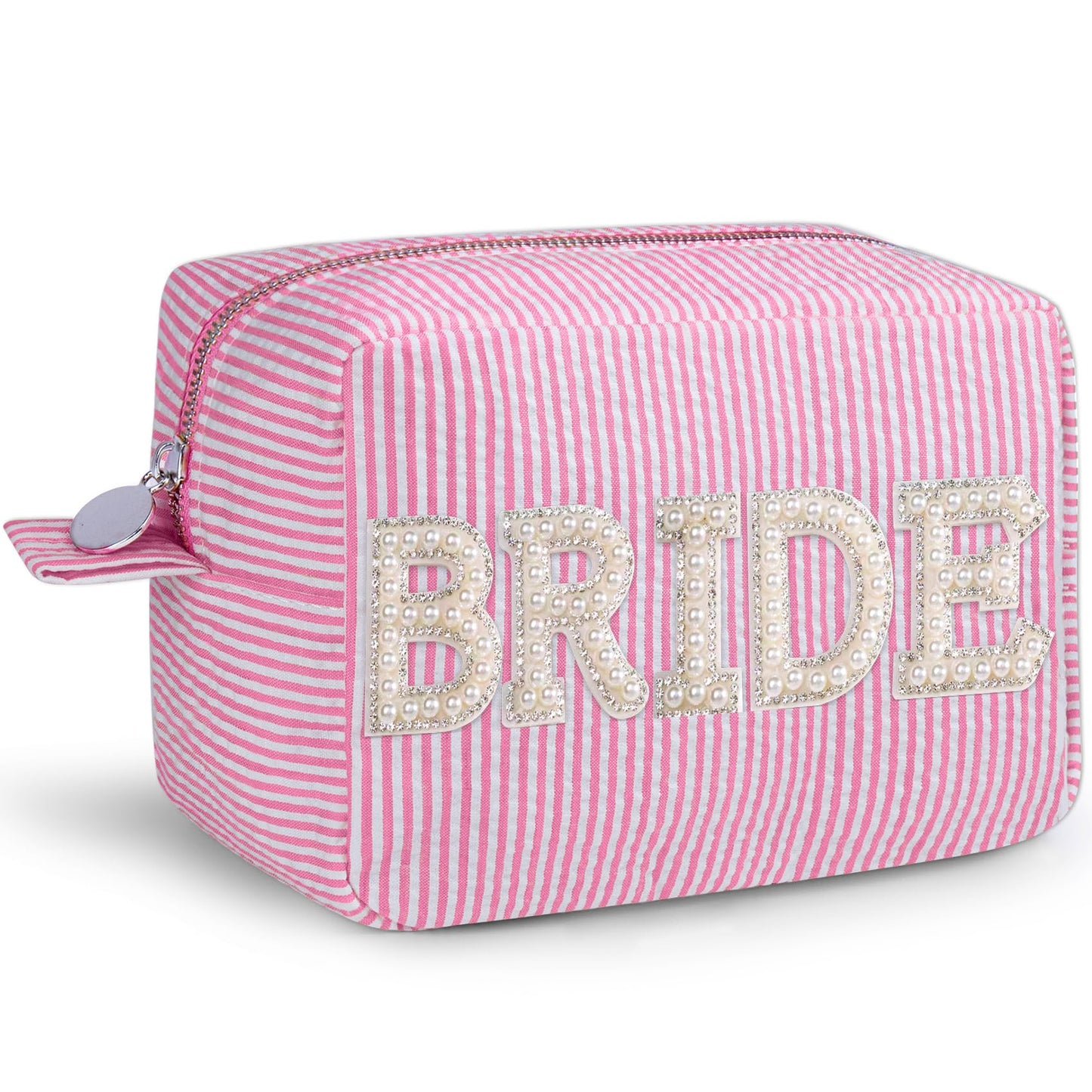 QFDS Bride Gift,Gifts for Brides,Bling Pearl Rhinestone Zipper Pouch Makeup Bag,Large Stripe Cosmetics Bag(pink-BRIDE)