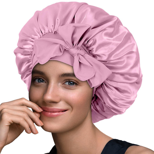 BONNET QUEEN Silk Bonnet for Sleeping Women Satin Bonnet Hair Bonnet Night Sleep Cap Scarf Wrap for Curly Hair with Tie Band Light Rose Gold