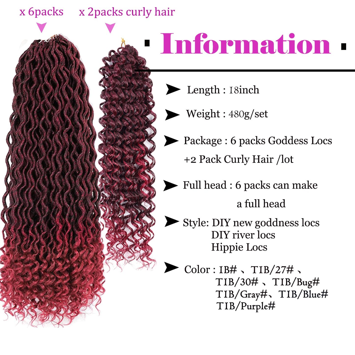 Burgundy New Goddess Locs Crochet Hair 8 Packs 18inch River Locs Crochet Hair Curly Faux Locs Crochet Hair with Curly End Boho Faux Locs Synthetic Hair Extentions(18" T1B/BUG#)