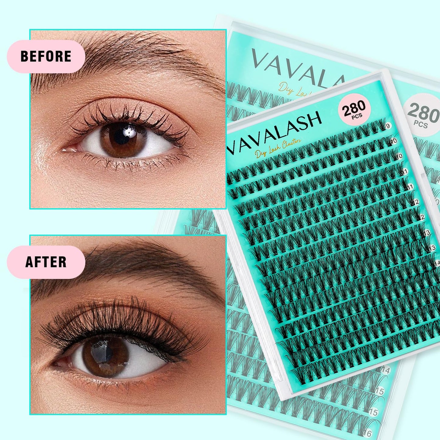 VAVALASH Lash Clusters 20D-C-0.07-9-16MM DIY Individual Lashes 280 PCS Cluster Lashes 10D 20D 30D 40D 50D C D Curl Volume False Eyelash Extensions DIY Lash Extensions at Home (20D-0.07-C,9-16mm)