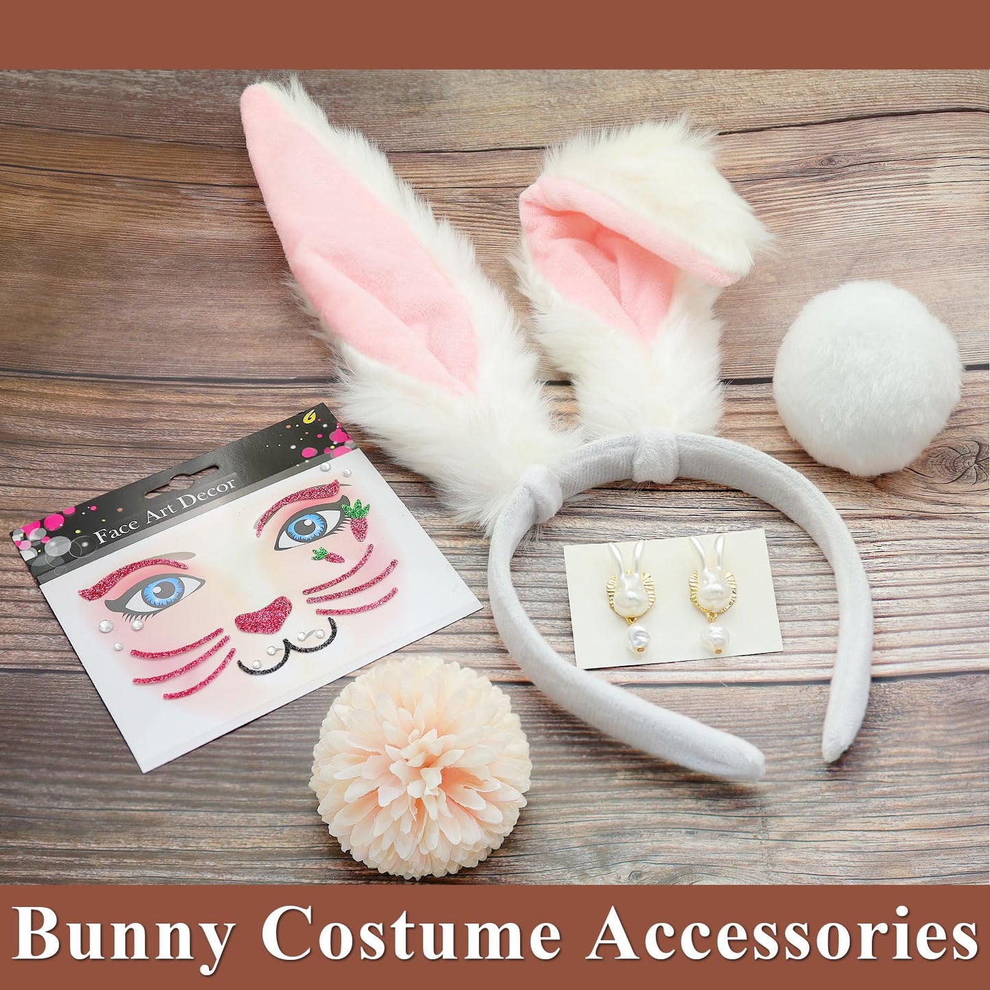 RechicGu 4 Pcs Halloween Bunny Costume Accessories Set Plush Bunny Ears Headbands Bunny Tail Rabbit Headwear Costume Hair Accessories for Women Party Prom Cosplay Easter White Pink