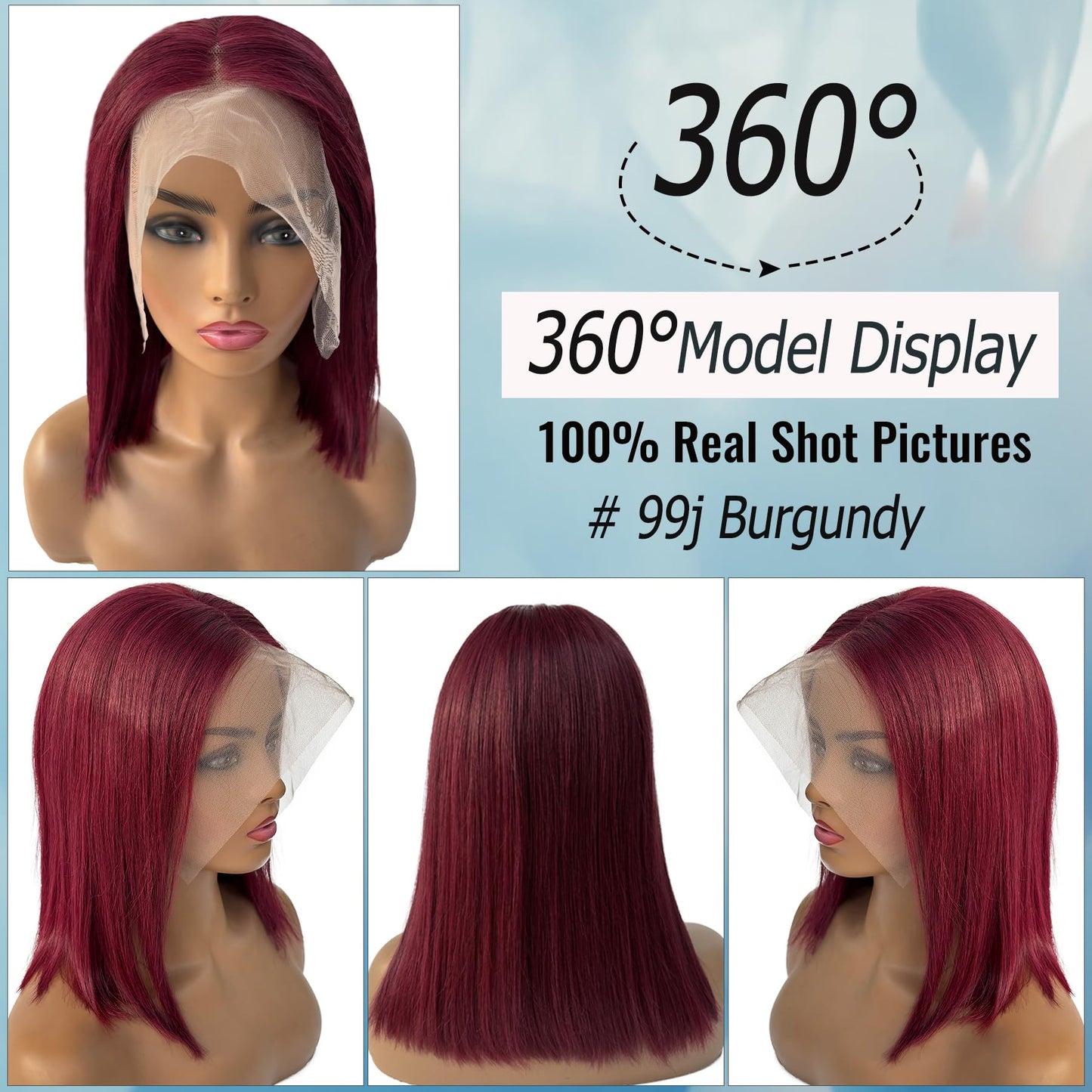 Blonlier 99j Bob Wig Human Hair Burgundy Lace Front Wigs Human Hair Bob Wigs Red Bob Wig Human Hair Glueless Wigs Human Hair 12inch HD Lace Front Straight Wig