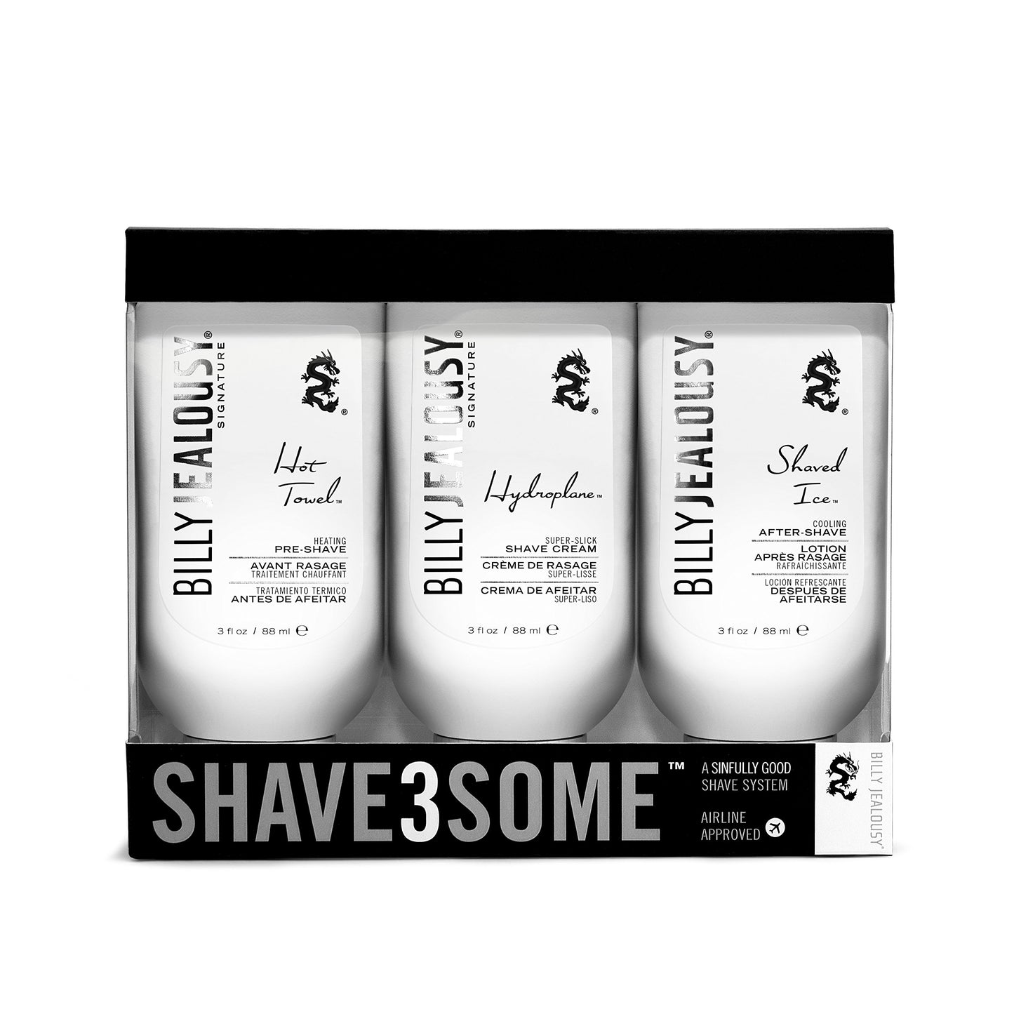 Billy Jealousy Shave3some Travel-Size Trio Shaving Kit for Men with Heating Pre-Shave, Super Slick Shave Cream and Cooling After-Shave, Citrus Scent, 3 Fl Oz Each