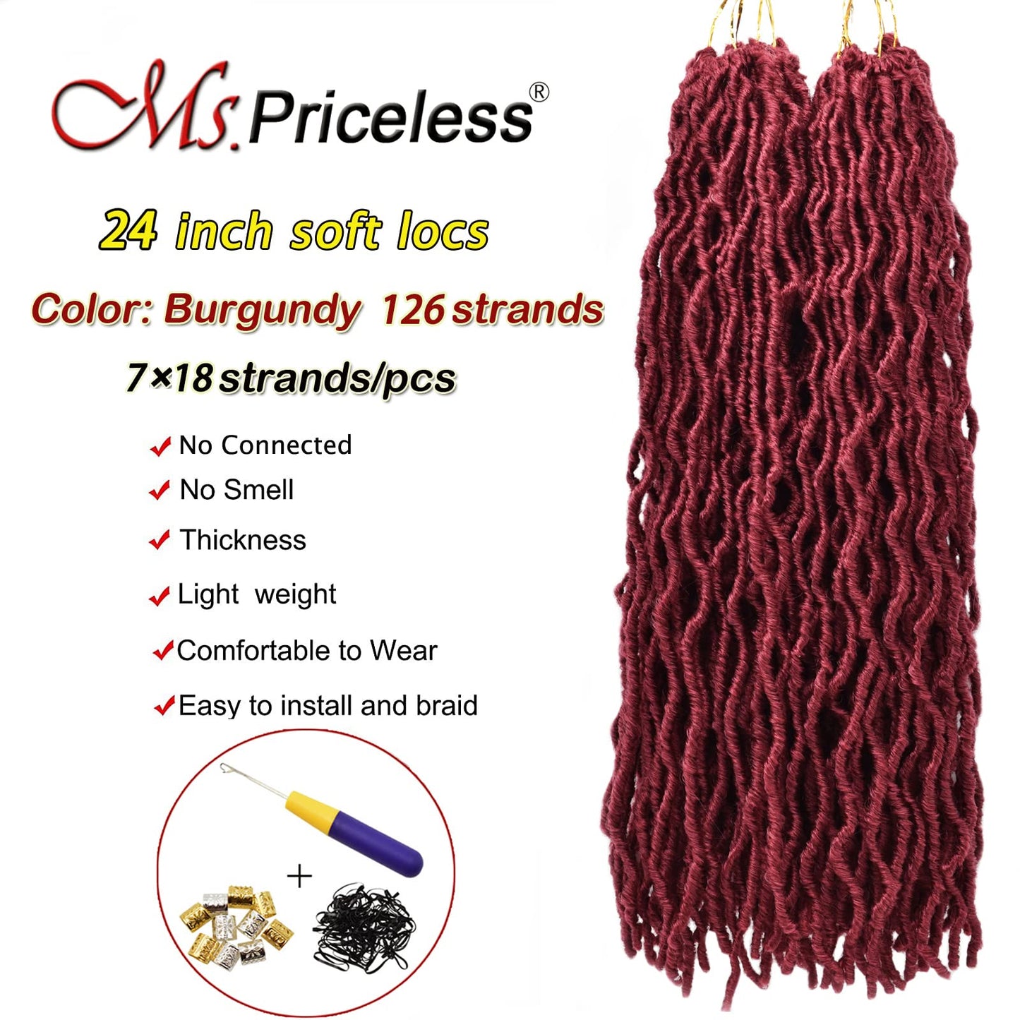 Ms.Priceless Burgundy Faux Locs Crochet Hair 24 Inch Soft Locs Pre Looped Crochet Hair for Black Women (24 Inch, 7Packs, Burgundy)