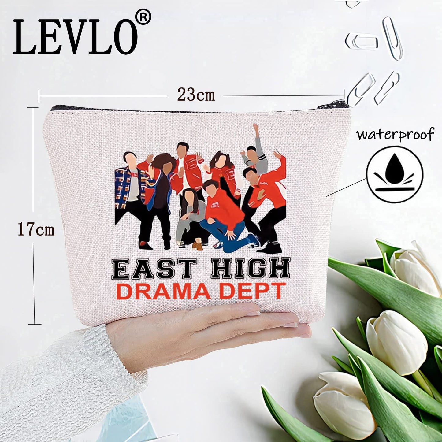 LEVLO School Musical Theatre Characters Cosmetic Make Up Bag Broadway Movie Fans Gift East High Drama Dept Makeup Zipper Pouch Bag (East High Drama Dept)