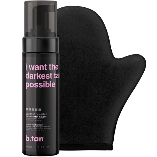 b.tan Dark Self Tanner Kit | Get The Darkest Tan Possible Bundle - Darkest Self Tanning Mousse w Self Tanning Mitt Applicator, 1 Hour Sunless Tanner, Fast Self Tan, No Fake Tan Smell, Vegan, 6.7 Fl Oz