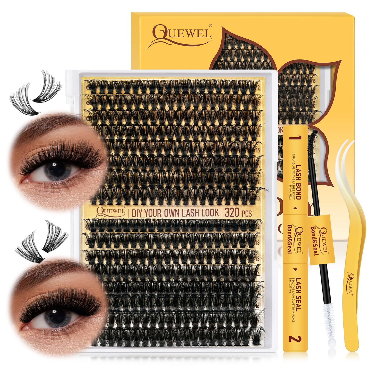 QUEWEL DIY Lash Extension Kit, 320Pcs 60D+80D Lash Clusters Kit Mix 12-18mm Fluffy Eyelash Clusters with Lash Bond and Seal and Lash Tweezers Easily Create Fluffy Lashes Clusters at Home (60+80D Kit)