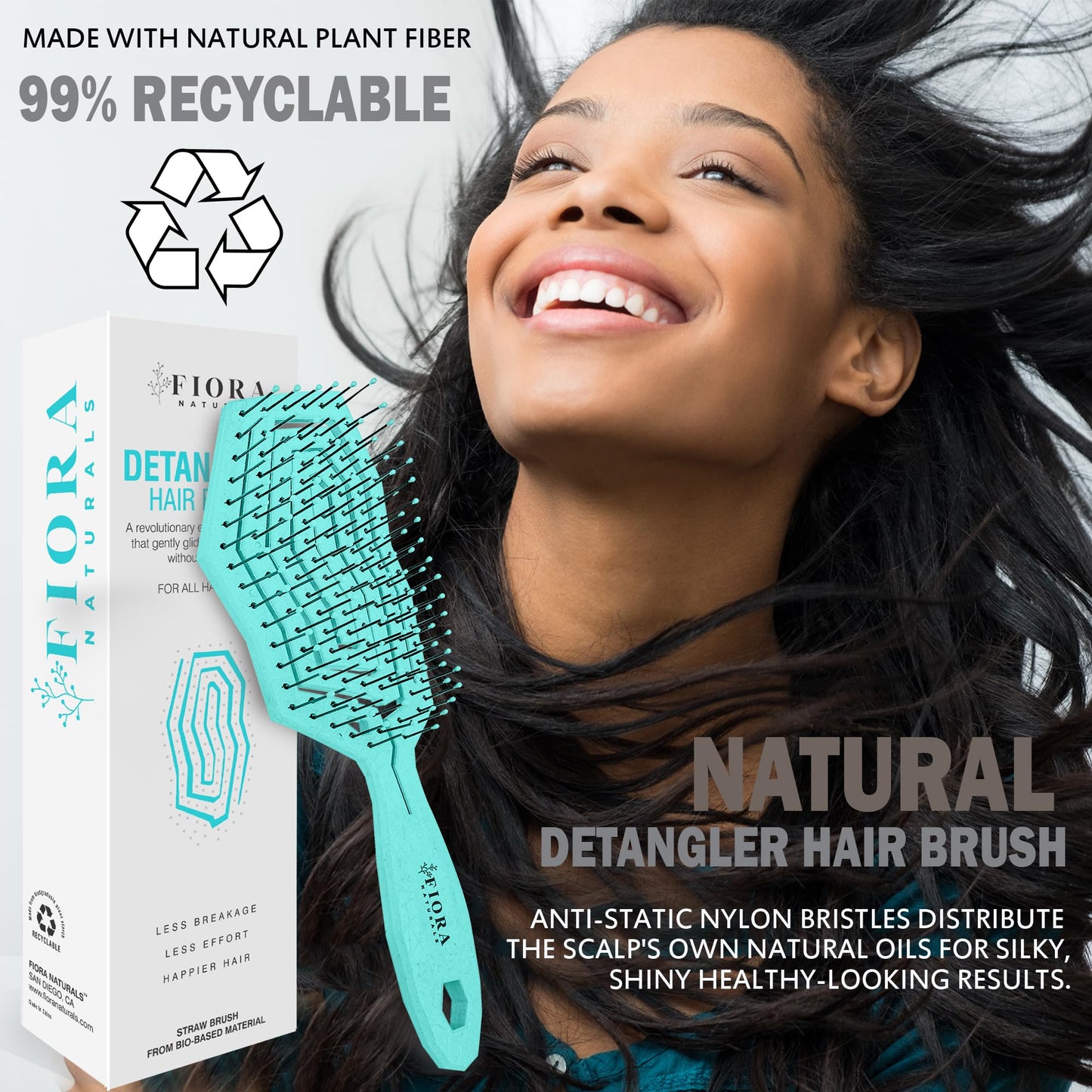 Fiora Naturals Hair Detangling Brush -100% Bio-Friendly Detangler hair brush w/Ultra-soft Bristles- Glide Through Tangles with Ease - For Curly, Straight, Women, Men, Kids, Toddlers, Wet and Dry Hair