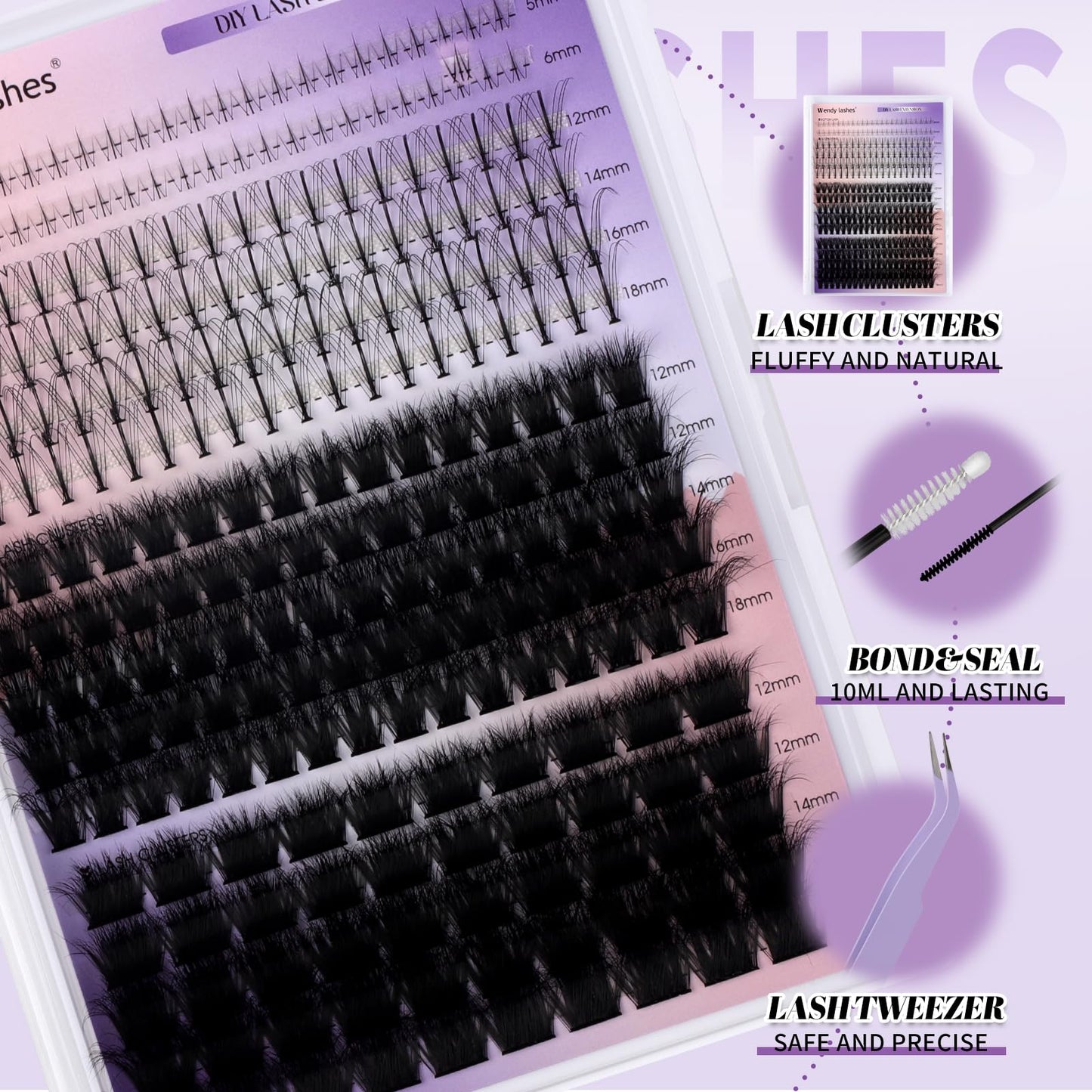 Lash Clusters Kit With Bottom Lashes 60/80/100/200D 3D Effect DIY Lash Extension Kit 12-18mm Multi-types Individual Lashes Bond and Seal, Spike, Volume Lashes Kit Lash Applicator(100/200 3DKit)