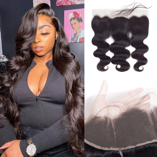 HD Lace Frontal Human Hair Ear To Ear 13x4 Transparent Lace Frontal Closures Body Wave Human Hair With Baby Hair Free Part Pre Plucked Hairline 130% Density Brazilian Human Hair