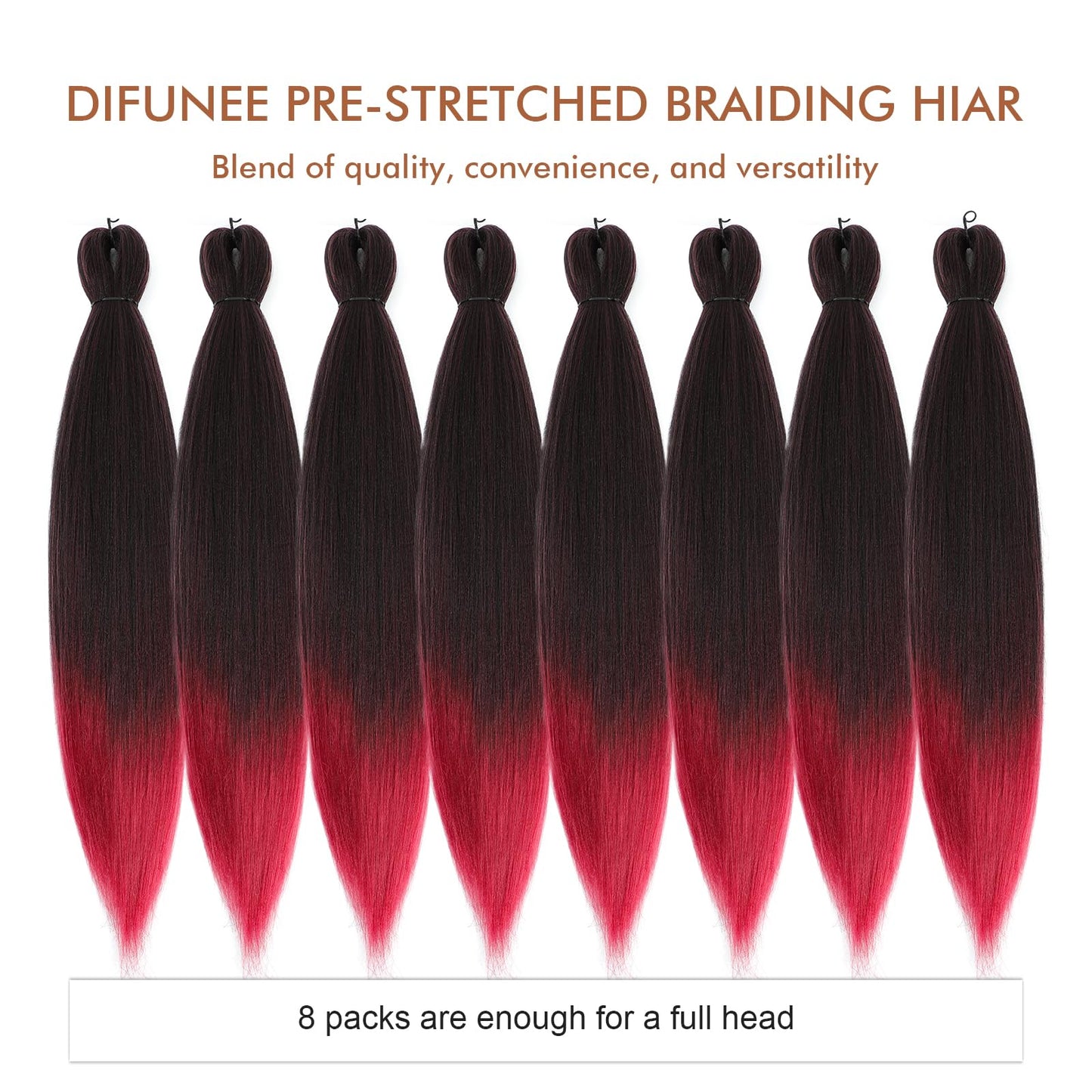 DIFUNEE Pre-stretched Braiding Hair - 16 Inch 8 Packs Ombre Red Short Braiding Hair For Twist or Box Braids, Yaki Texture Hot Water Setting Synthetic Braiding Hair Extensions (16 Inch, T530-8P)