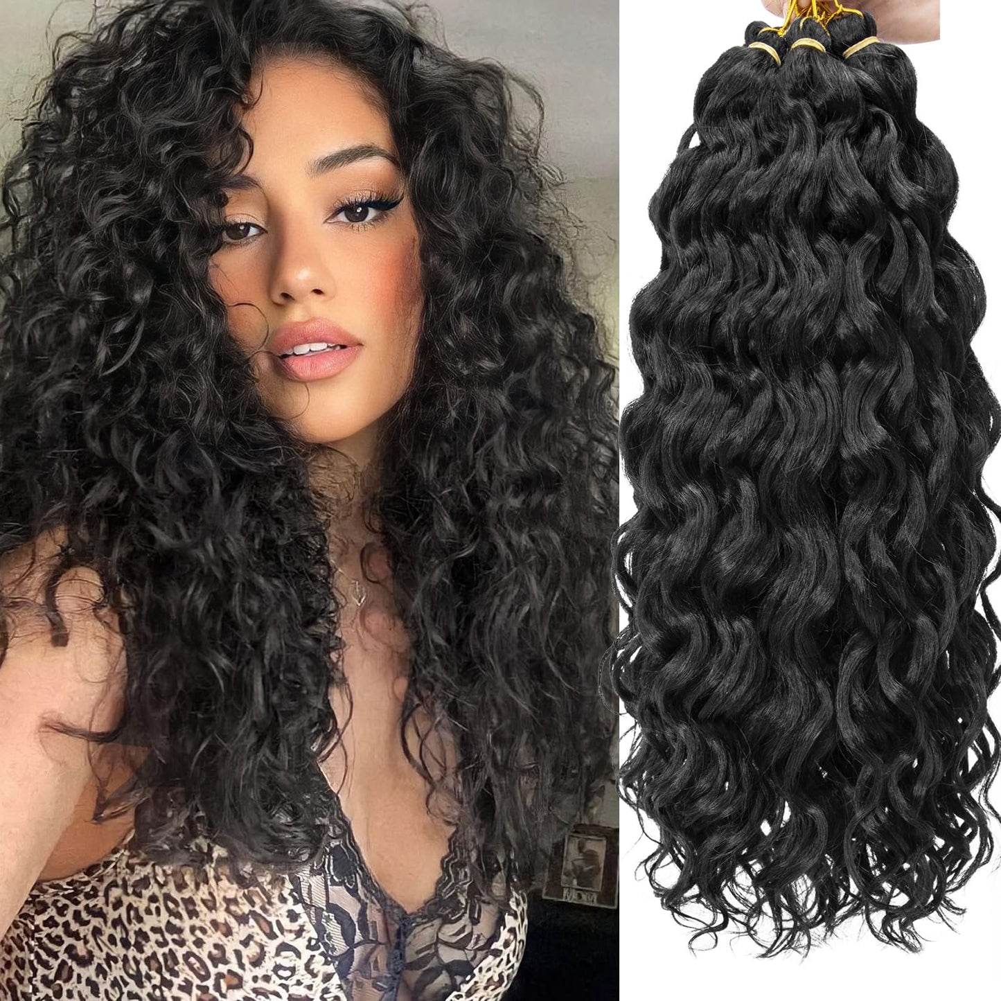 Ocean Wave Crochet Hair 18inch Deep Wave Curly Crochet Hair For Women 6Packs Hawaii Curly Braiding Hair Synthetic Bohemian Crochet Braid Water Wave Crochet hair Extensions (18inch, 1B)