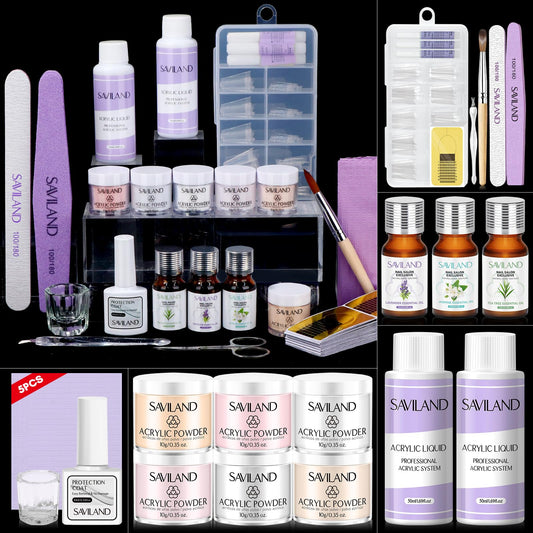 SAVILAND Beginner Acrylic Nail Kit with Everything 100% Essential Oil - 6 Colors Acrylic Powder Nail Starter Kit with Glue Nail Tips Practice Mat Acrylic Nail Kit for Home Practice DIY Nail Extension