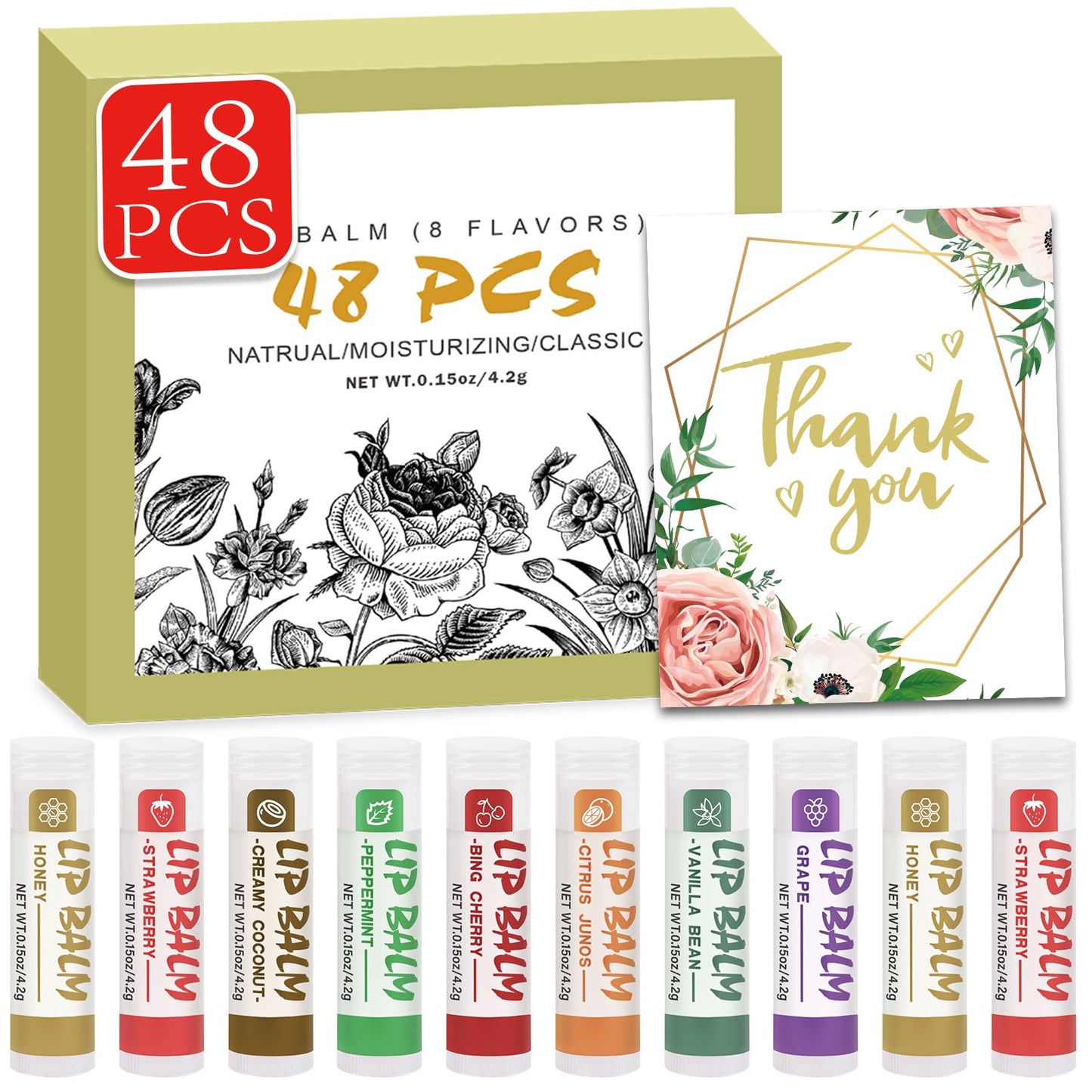 48 Pack Lip Balm, Natural Lip Balm Bulk with Vitamin E and Coconut Oil, Moisturizing Soothing Chapped Lips-8 Flavors