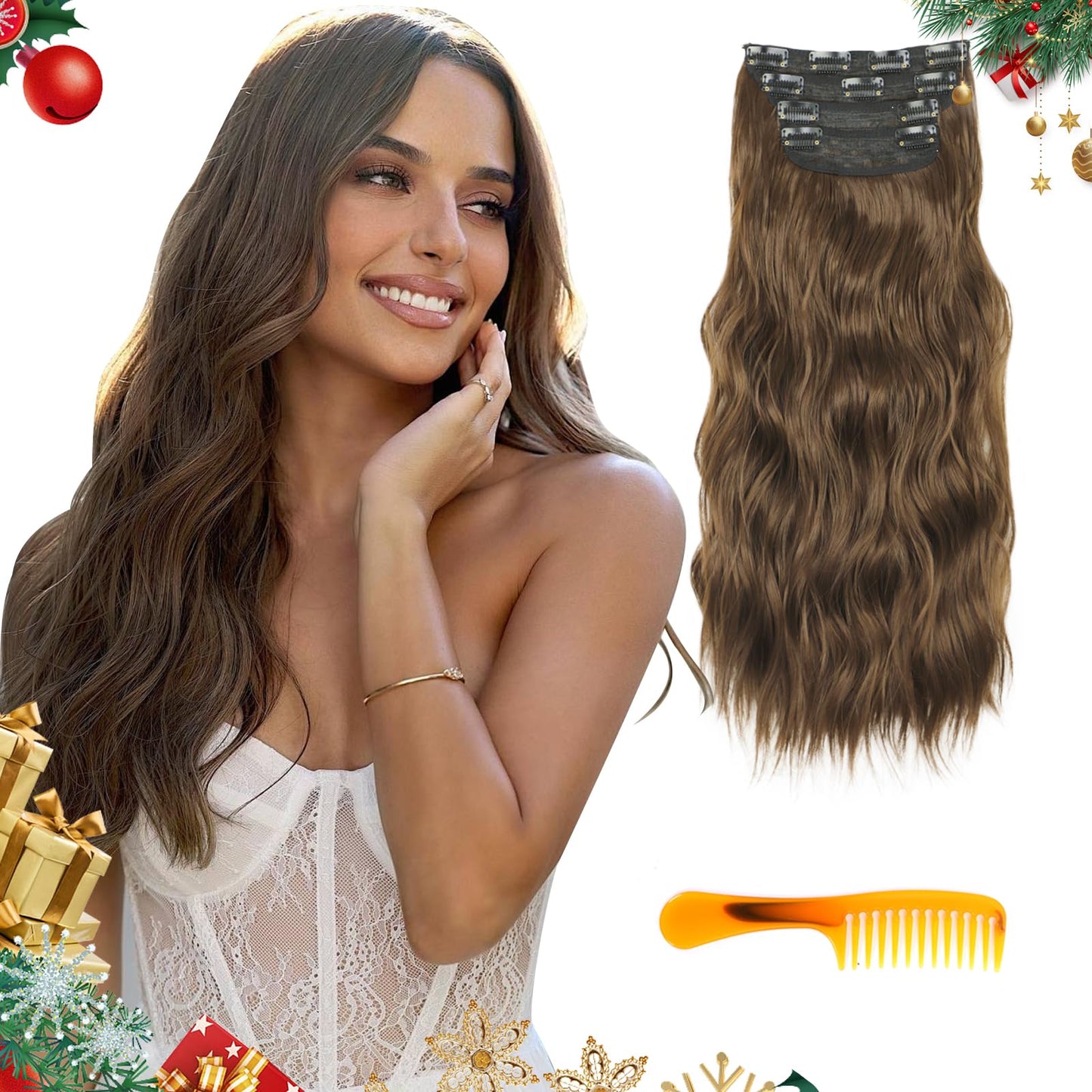 Balyeoseol Clip in Hair Extensions Brown 4Pcs 20Inch Synthetic Wire Hair Extensions Long Wavy Curly Fully Invisible Hairpieces Soft Graduation Gift for Pairing with Summer Dresses for Women 2024