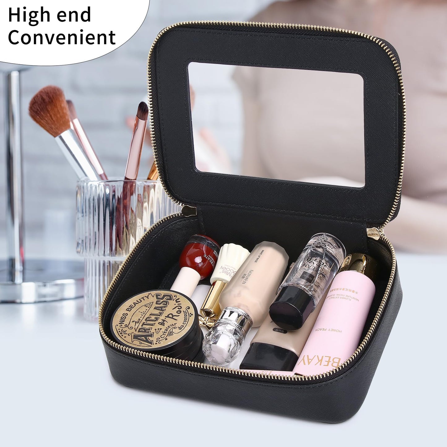 Pinkmik Clear Makeup Bag Transparent Travel Case for Cosmetics and Toiletries Women's Brush Bag and Clear Car Bag with Zipper (F/Black, M+MINI)