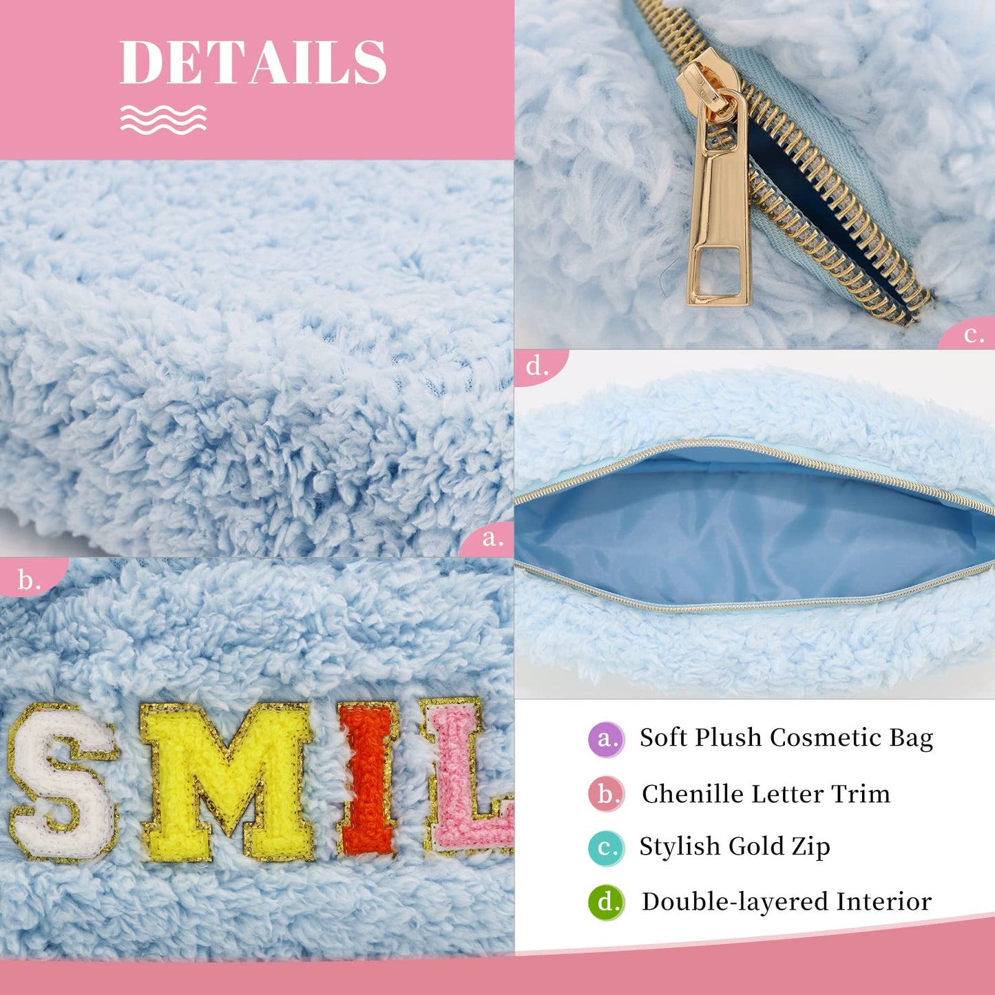 WOLECX Preppy Makeup Bag Cute Fuzzy Chenille Letter Nylon Pouch, Kawaii Plush Small Cosmetic Bag For Purse, Portable Travel Soft Warm Travelling Organizer Bags 12+ (Light Blue Smile)