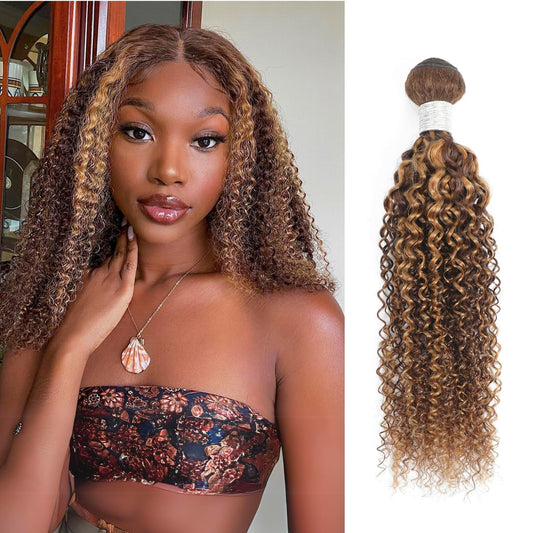 AUROO Honey Blonde Highlight Tight Kinky Curly Single Bundles Human Hair 22 Inch, 100% Virgin Remy 10A Burmese Curly Weave Bundles Human Hair Thick Track P4/27 Ombre Brown Colored Kinky Curly Bundles