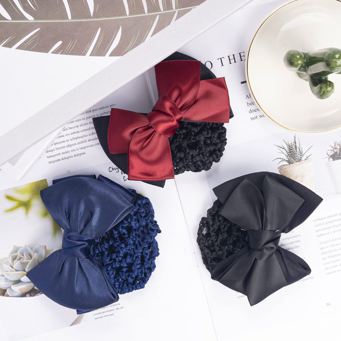 TXIN 9 Pieces Women's Hair Accessories: Satin Bow Crochet Bowknot Barrette, Mesh Knit Hairnets Clip for Women and Girls in Black, Navy Blue, and Red