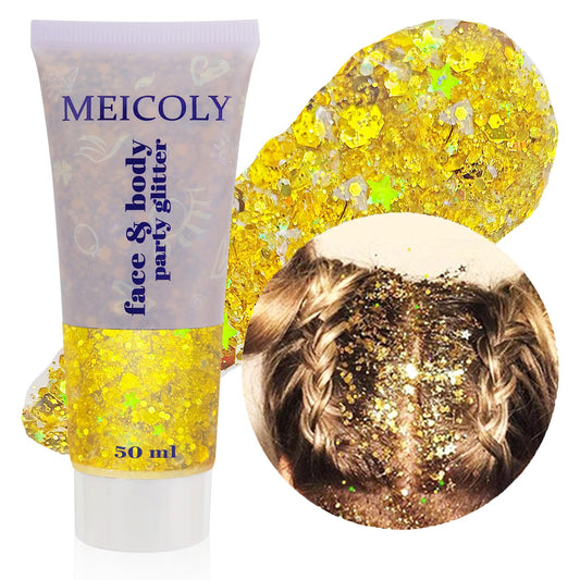 MEICOLY Gold Body Glitter,Music Festival Outfits for Women,Face Glitter Gel Festival Accessories,Chunky Glitter Face Paint,Mermaid Sequins Hair Glitter Makeup,Sparkle Body Glitter Gel for Women Kids