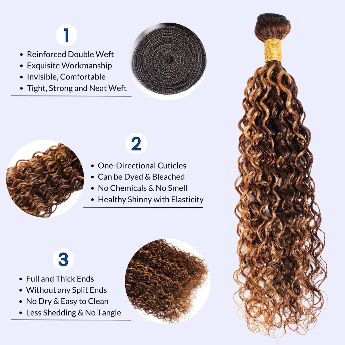 Water Wave Human Hair Bundles Ombre Honey Blonde Curly Bundles, Glossy & Shed-free P4/27 Highlighted Wet And Wavy Human Hair Bundles Weave Brown Piano Color 10A 100% Virgin Hair Single Bundle 18 Inch