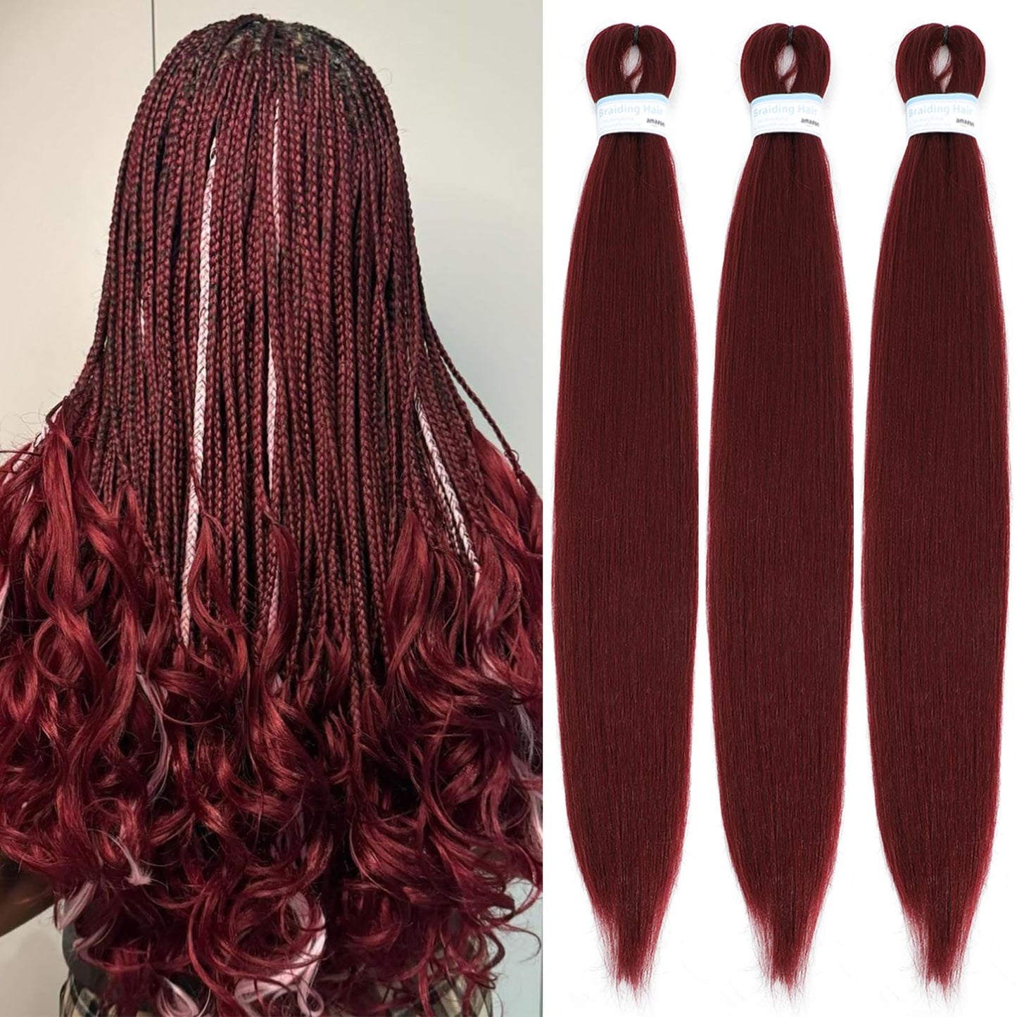 Braiding Hair Pre Stretched for Women Hair Extensions Box Braids Soft Synthetic Knotless Yaki Texture Hot Water Setting Braid Wine (24inch 3Packs)