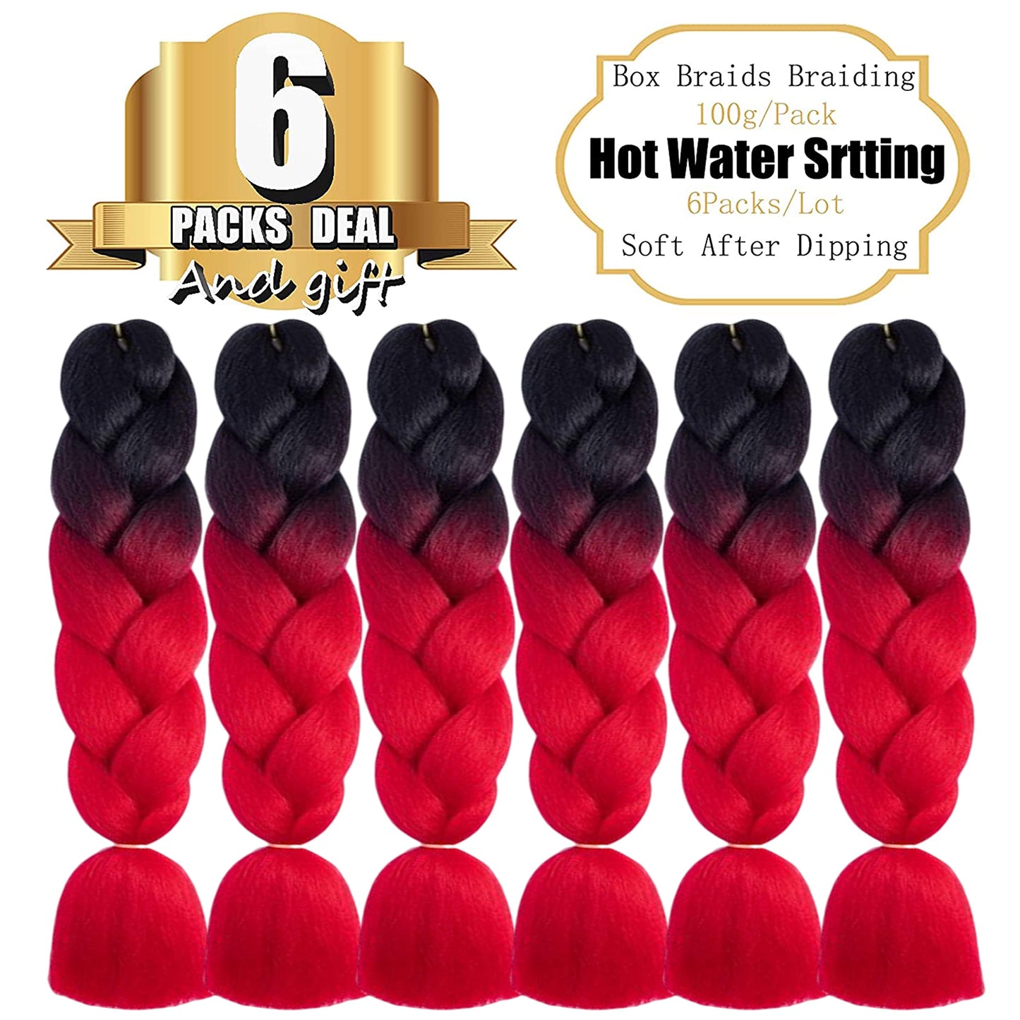 TENGSHUO FLY Ombre Braiding Hair Extensions for Women 6 Packs/24 Inch Braiding Hair Fiber Crochet Hair for Box Braids Senegal Twist Hair Extensions(24" (Pack of 6),Black to Red)