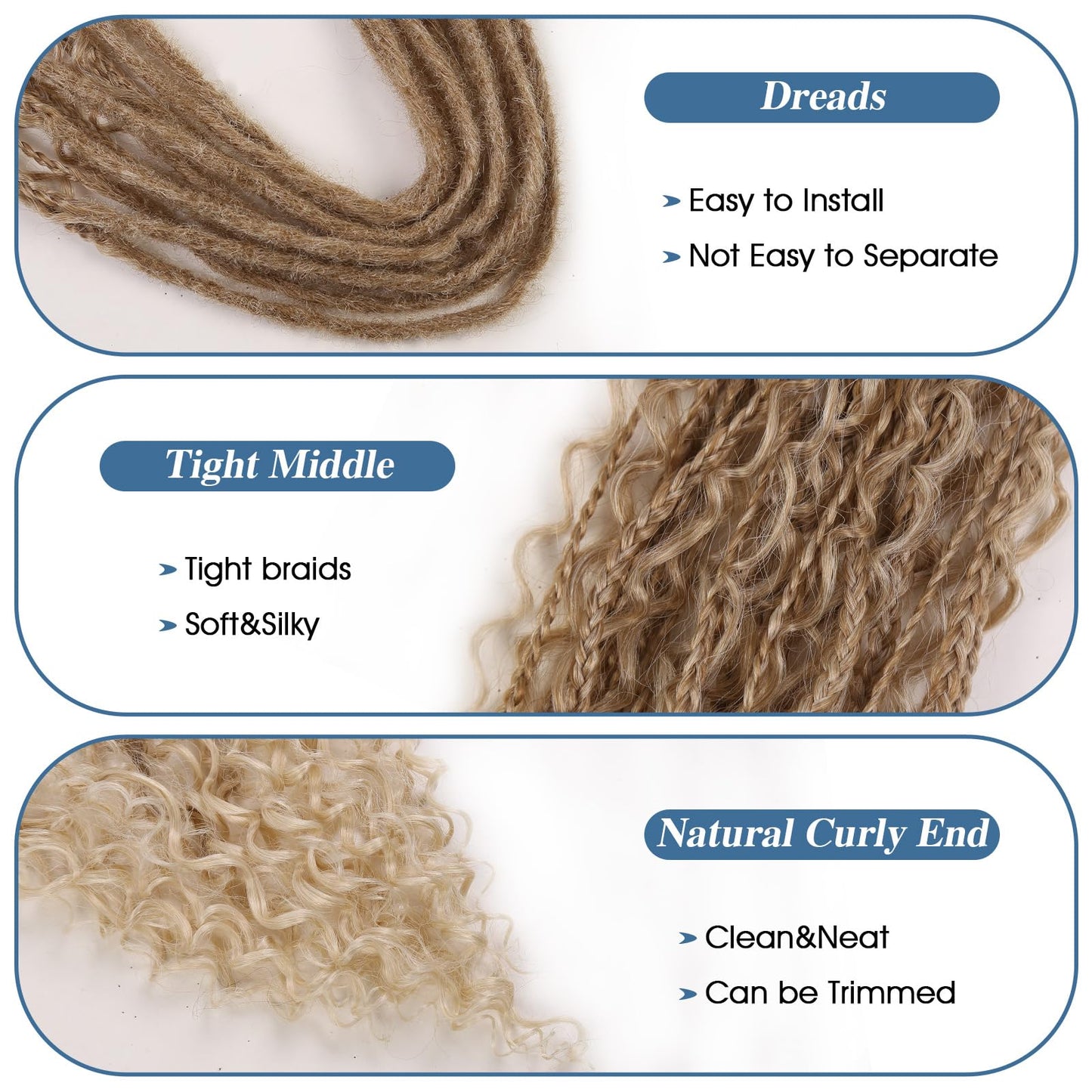 HANNE Boho Synthetic Dreadlock Extensions with Box Braids Soft Double Ended Dreadlock Extensions for women 24Inch 10 Brands Crochet Thin DE Dreadlocks Blonde to Blonde (10 Strands/Pack MT27/613)