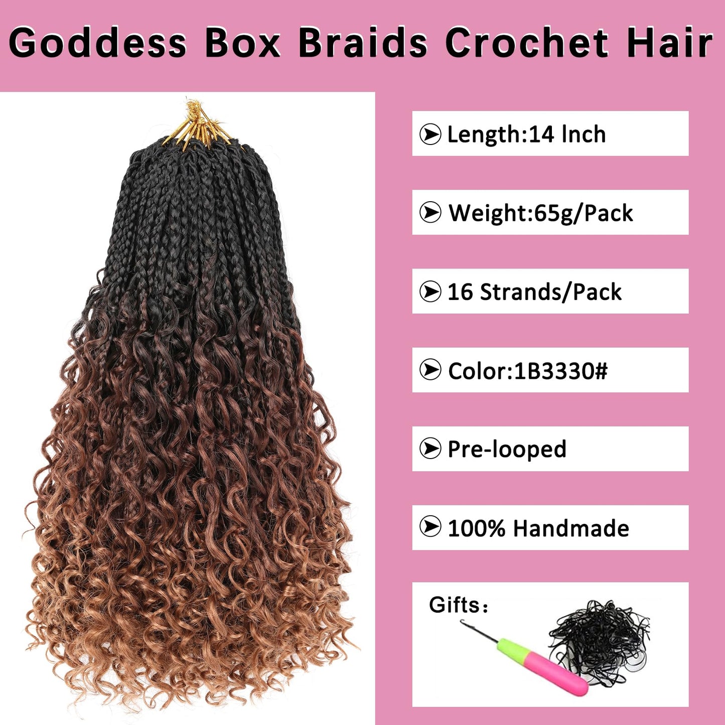 COOKOO 8 Packs 14 Inch Goddess Box Braids Crochet Hair With Curly Ends for Women Synthetic Bohomian Hippie Box Braids Crochet Hair Pre-looped Braiding Hair Extension 1B3330#