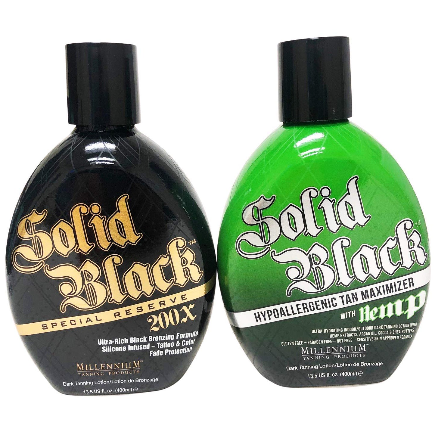 2 Pack - Millennium Tanning Solid Black Special Reserve 200x + Millennium Tanning Solid Black Hypoallergenic Tan Maximizer w Hemp