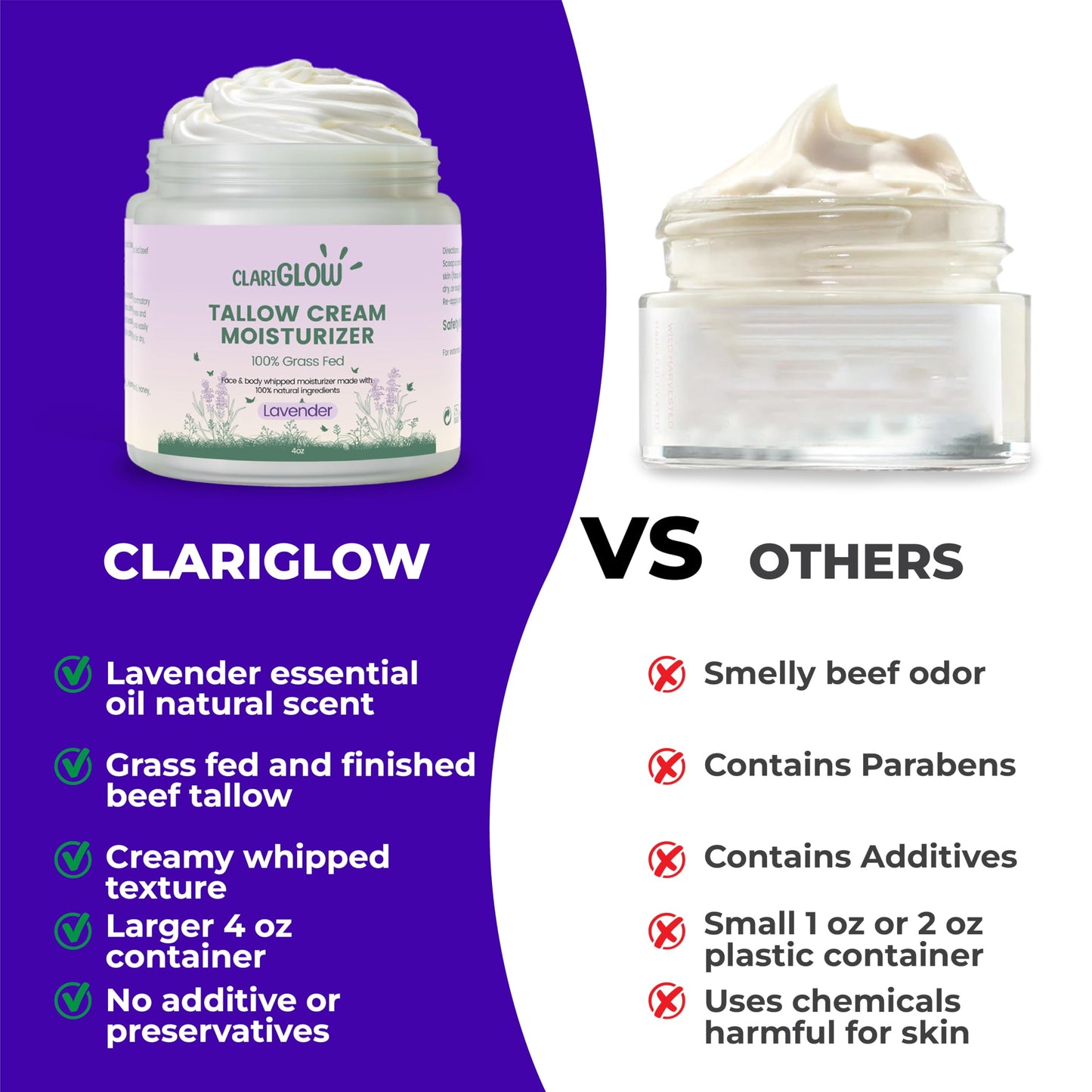 Clariglow Whipped Beef Tallow Moisturizer | Beef Tallow Balm for Skin and Face | Face Cream and Body Lotion | 4 oz | 100% Grass Fed Organic Tallow Lotion with Honey & Lavender