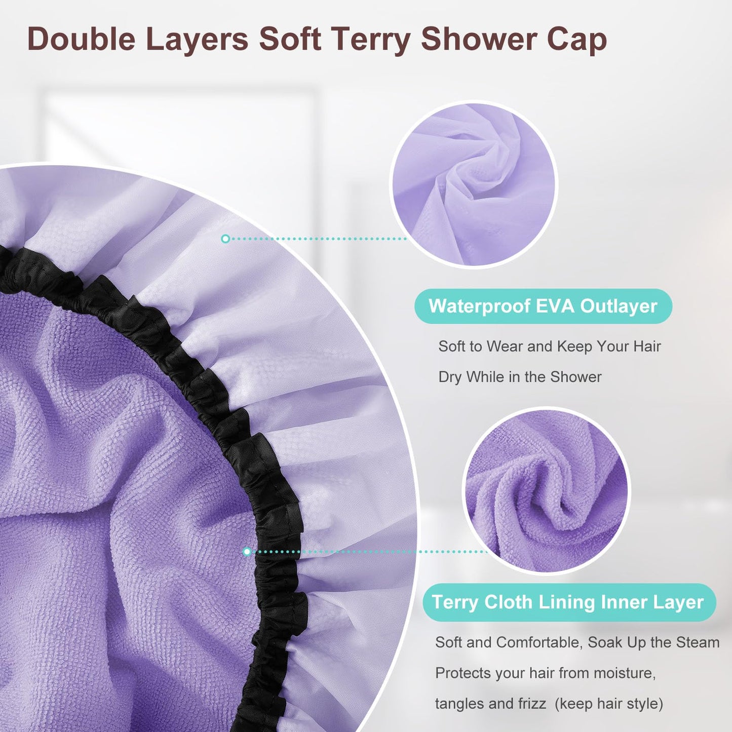 Sheomern 2 Pcs 13.5" Dual Waterproof Design Adjustable Terry Shower Cap for Women and Men, EVA Double Layer Bath Cap Reusable for Braids, Long Hair, Dreadlocks