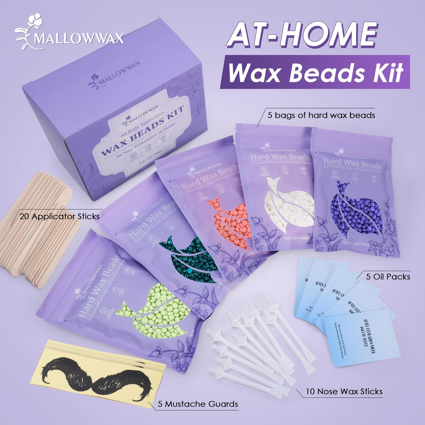 Mallowwax Wax Beads for Hair Removal -5 Pack Hard Wax for Sensitive Skin, Ideal for Bikini, Brazilian, Face, Eyebrow, Legs, Armpit, Full Body - Professional Waxing Wax Refill at Home for Women Men