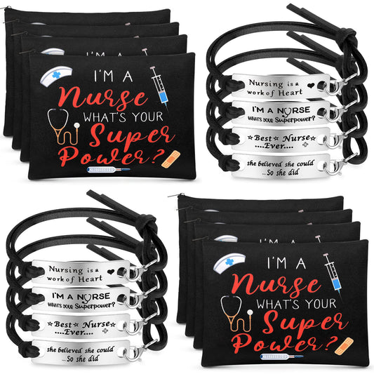 Henoyso 16 Pcs Nurse Appreciation Gifts Set Including 8 Nurse Makeup Cosmetic Bag with 8 Nurse Bracelets, Nurse Gifts for Women Nurse Graduation Gifts Nurse Day Gifts Nursing Week Gift(Fresh Style)