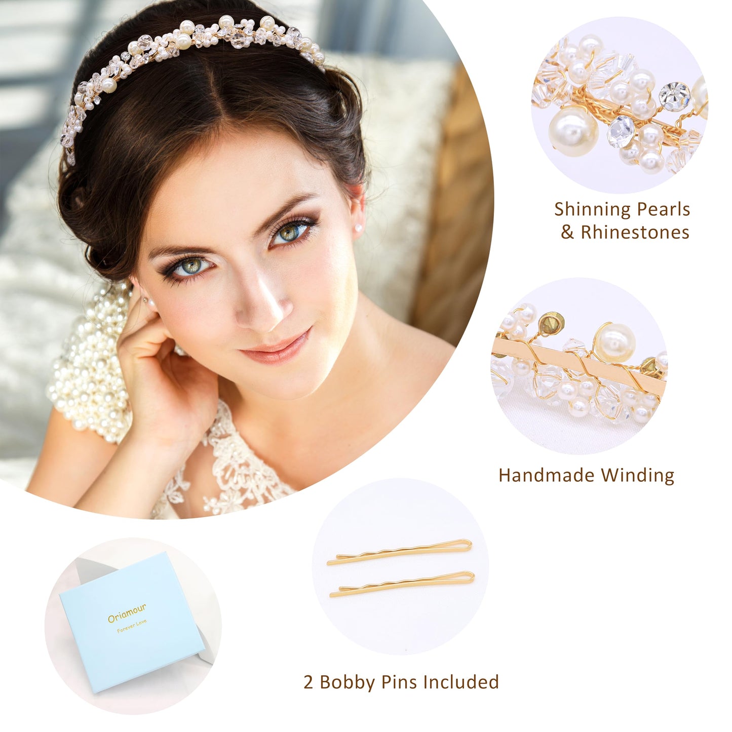 Oriamour Bridal Headband With Pearls Wedding Headpieces For Brides Crystal Party Hair Accessories For Women (Gold)