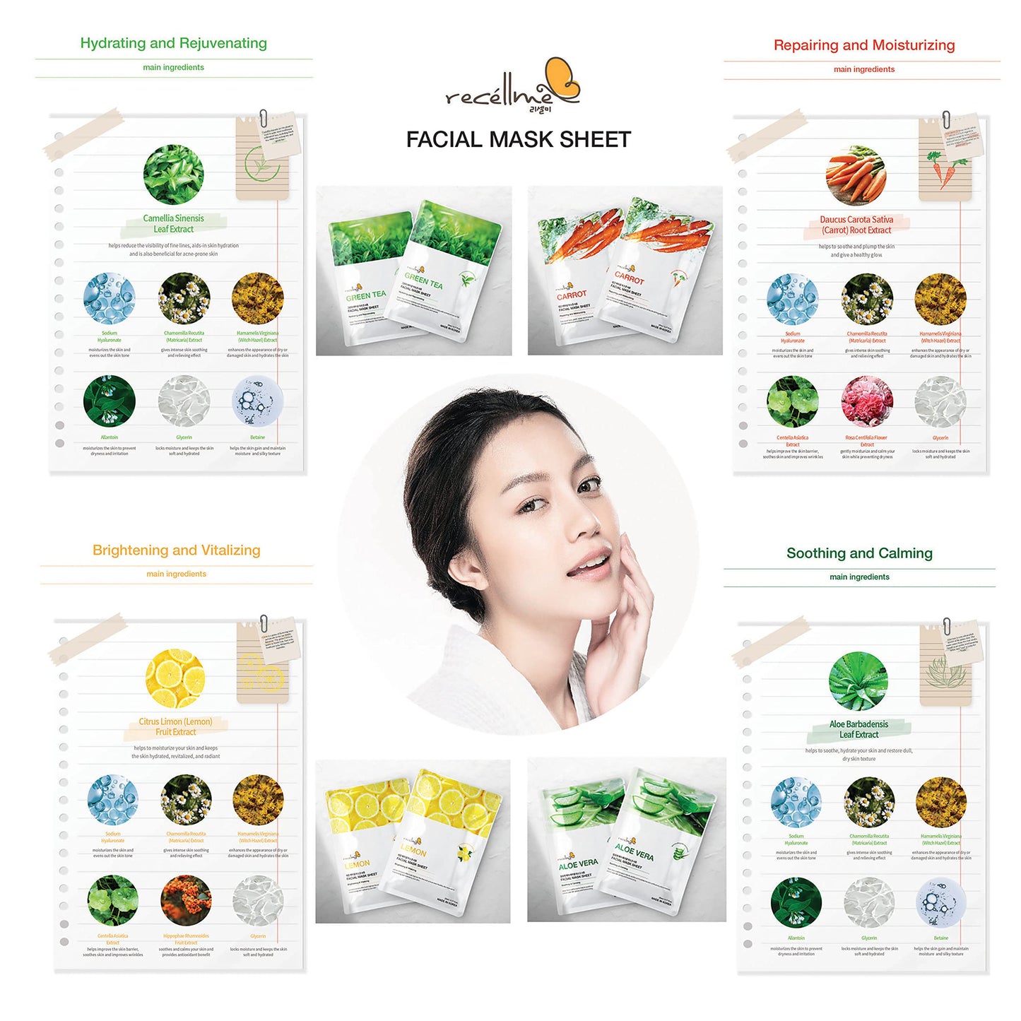 recellme Facial Sheet Mask for Soothing, Moisturizing, Repairing, Hydrating, Rejuvenating, Brightening, Vitalizing and Calming -Made in Korea (12-GREENTEA)