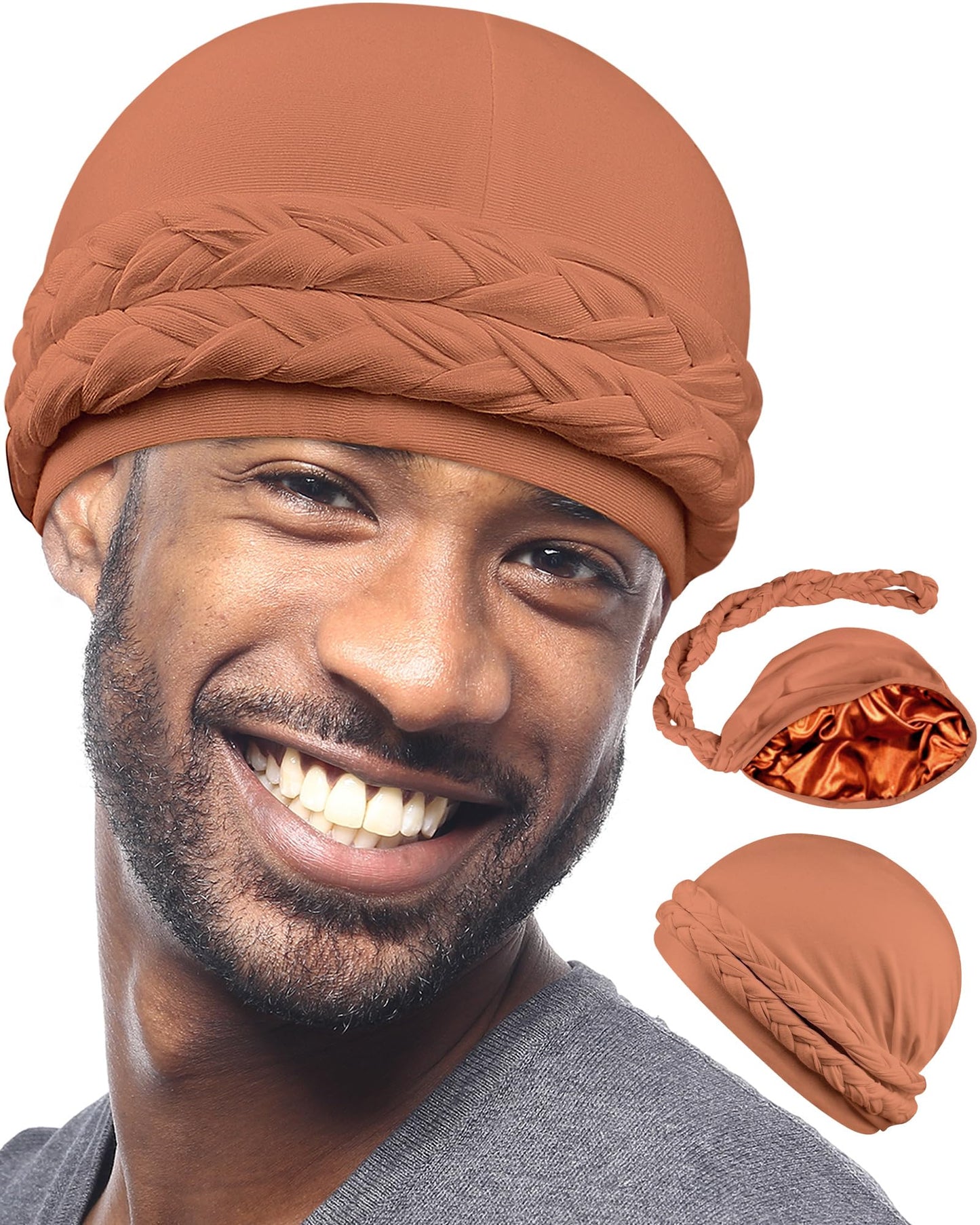 Babalet Halo Turban for Men Women Satin Lined Durag Skull Cap Pre-Tied Handmade Braids Tail Beanie Sleeping Bonnet,Khaki