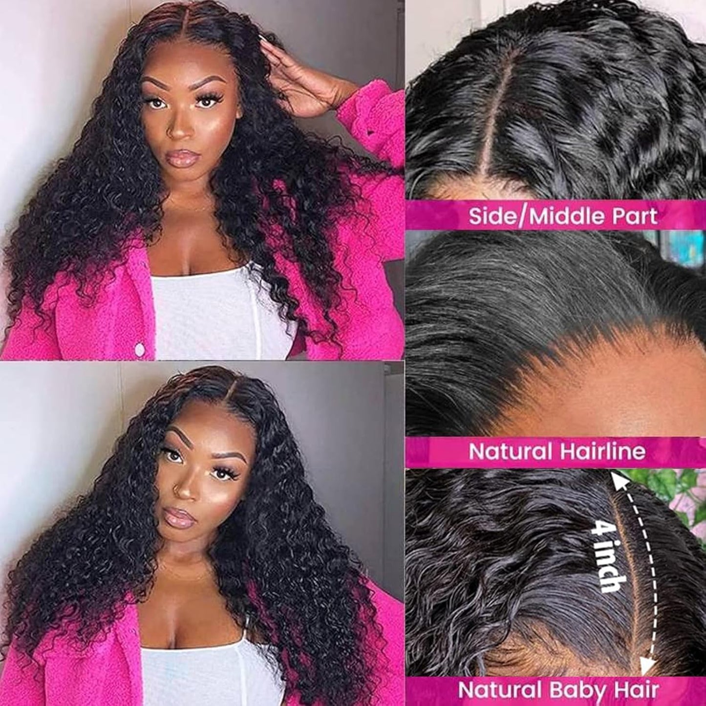 4x4 Deep Wave Lace Closure Human Hair 14 Inch Ear to Ear HD Lace Free Part Closure 100% Brazilian Virgin Human Hair Extensions 150% Density Lace Closure Pre Plucked (14 Inch, Natural Black Color)