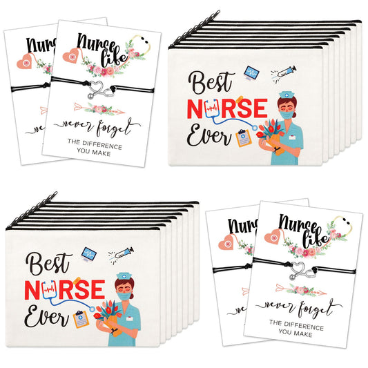 32 Pcs Nurse Appreciation Gift Nurse Week Gifts 16 Nurse Canvas Makeup Cosmetic Bags Survival Kit and 16 Nurse Blessing Card Bracelets, Nurse Practitioner Gift Nurse Christmas Gift for Women (Elegant)