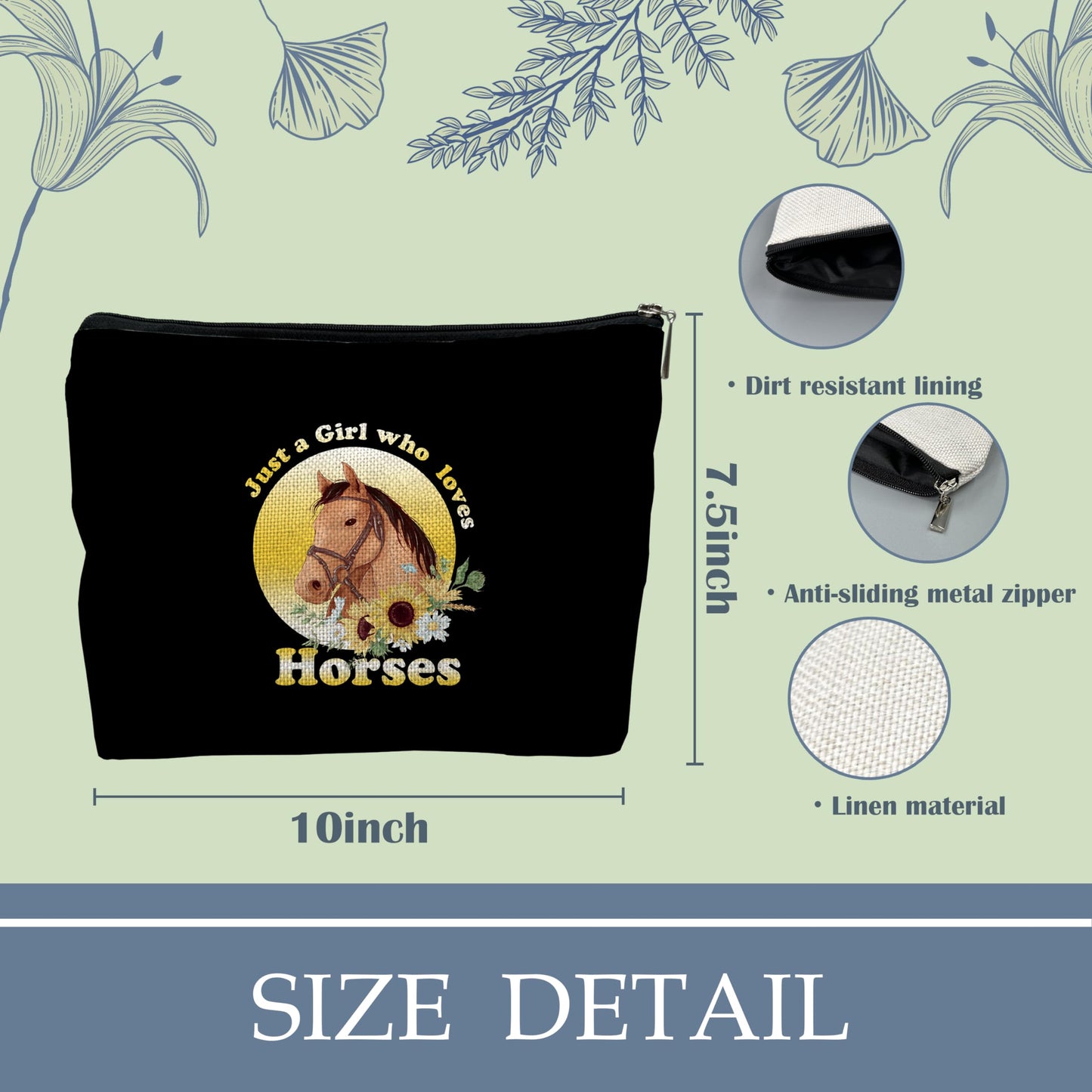 NATSUNO Horses Black Makeup Bag,Horses Cosmetic Bag,Floral Makeup Bag,Girls Makeup Bag,Makeup Bag For Girls,Just A Girl Who Loves Horses Make Up Bag