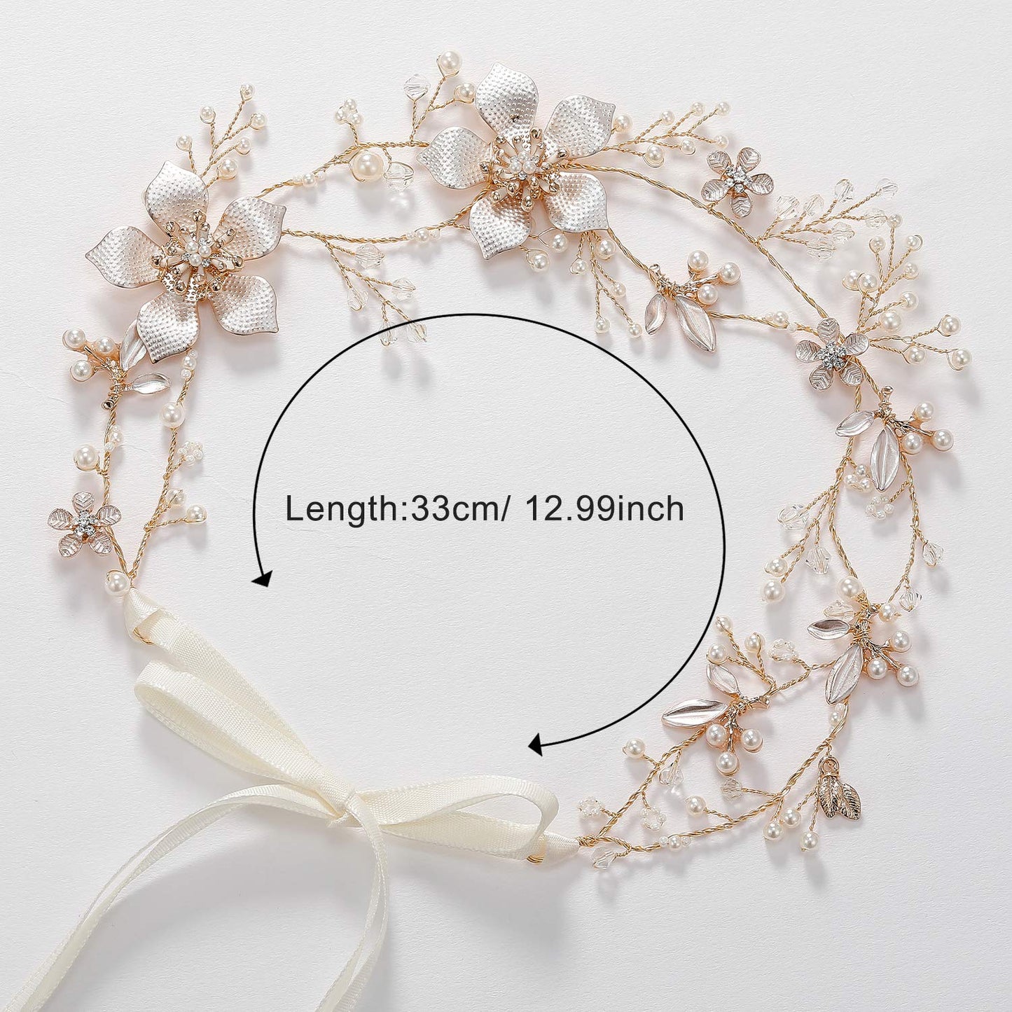 SWEETV Gold Wedding Headband, Pearl Flower Bridal Headpieces for Wedding, Crystal Hair Accessories for Women Girls Hair Vine